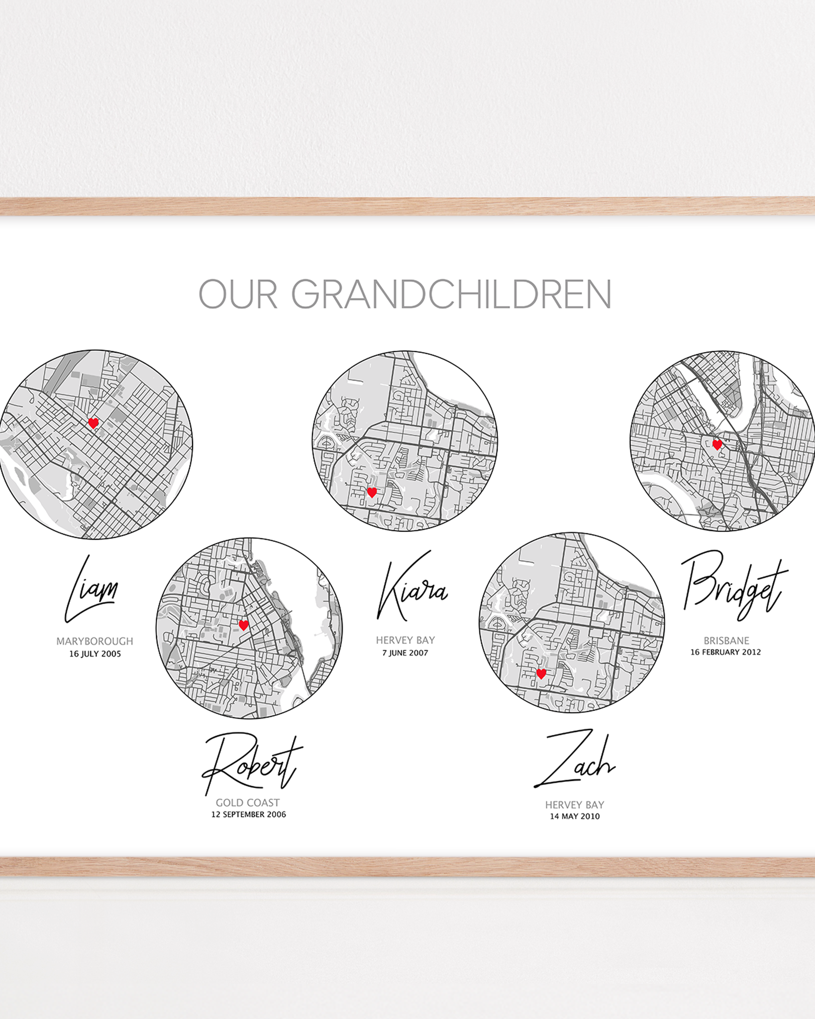 our grandchildren framed with with custom birth places and names