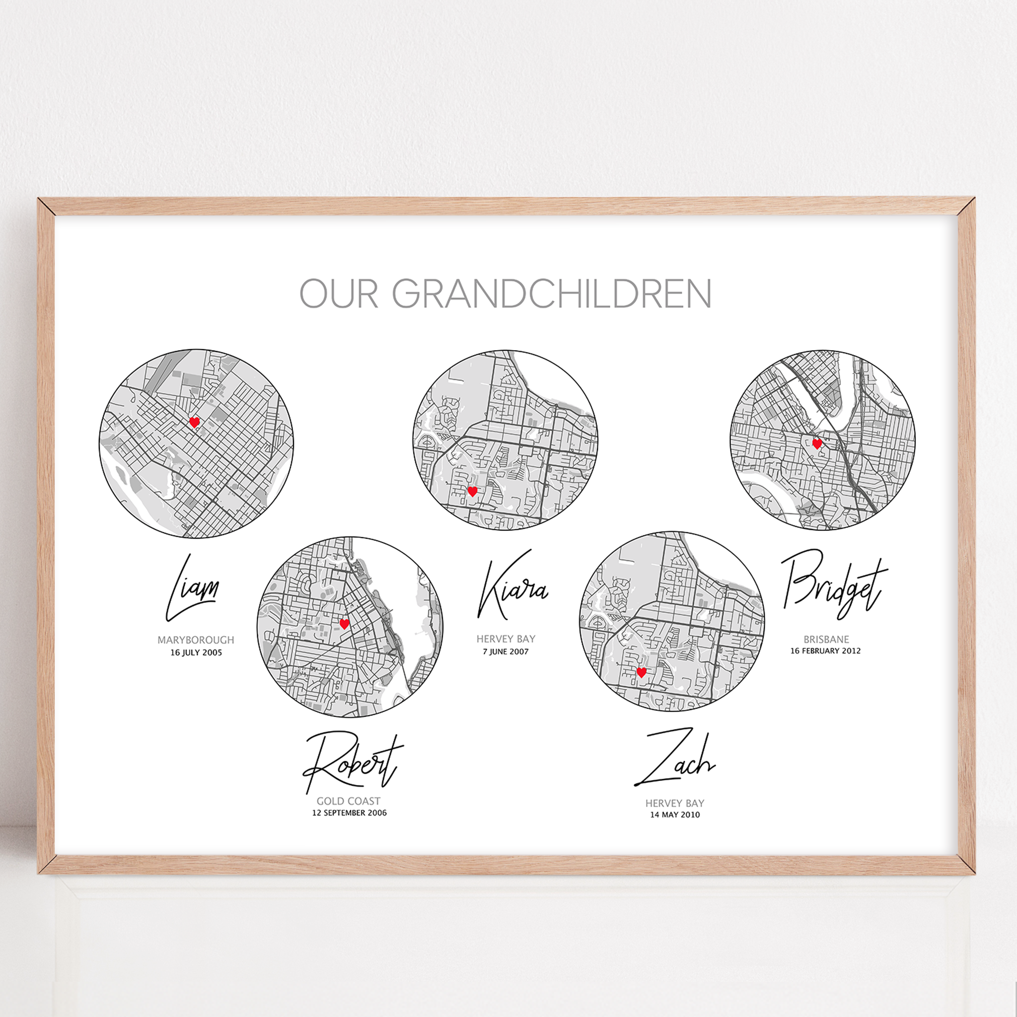 our grandchildren framed with with custom birth places and names