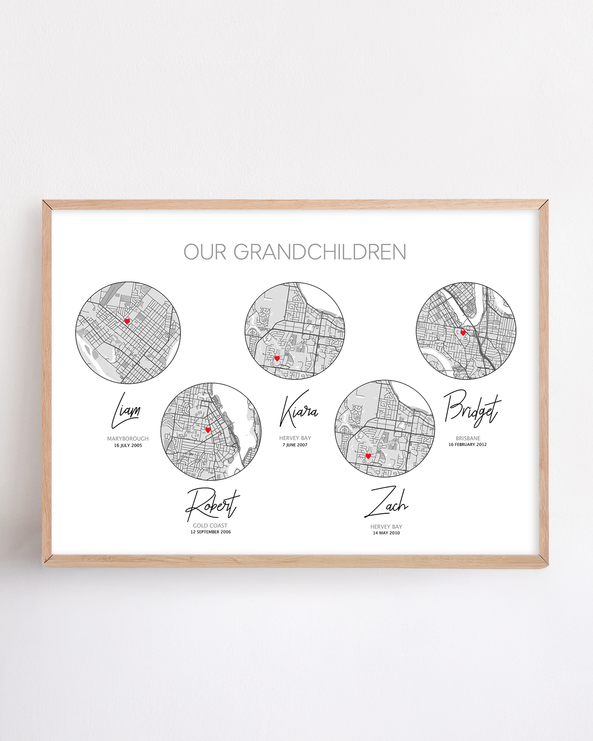 our grandchildren framed with with custom birth places and names