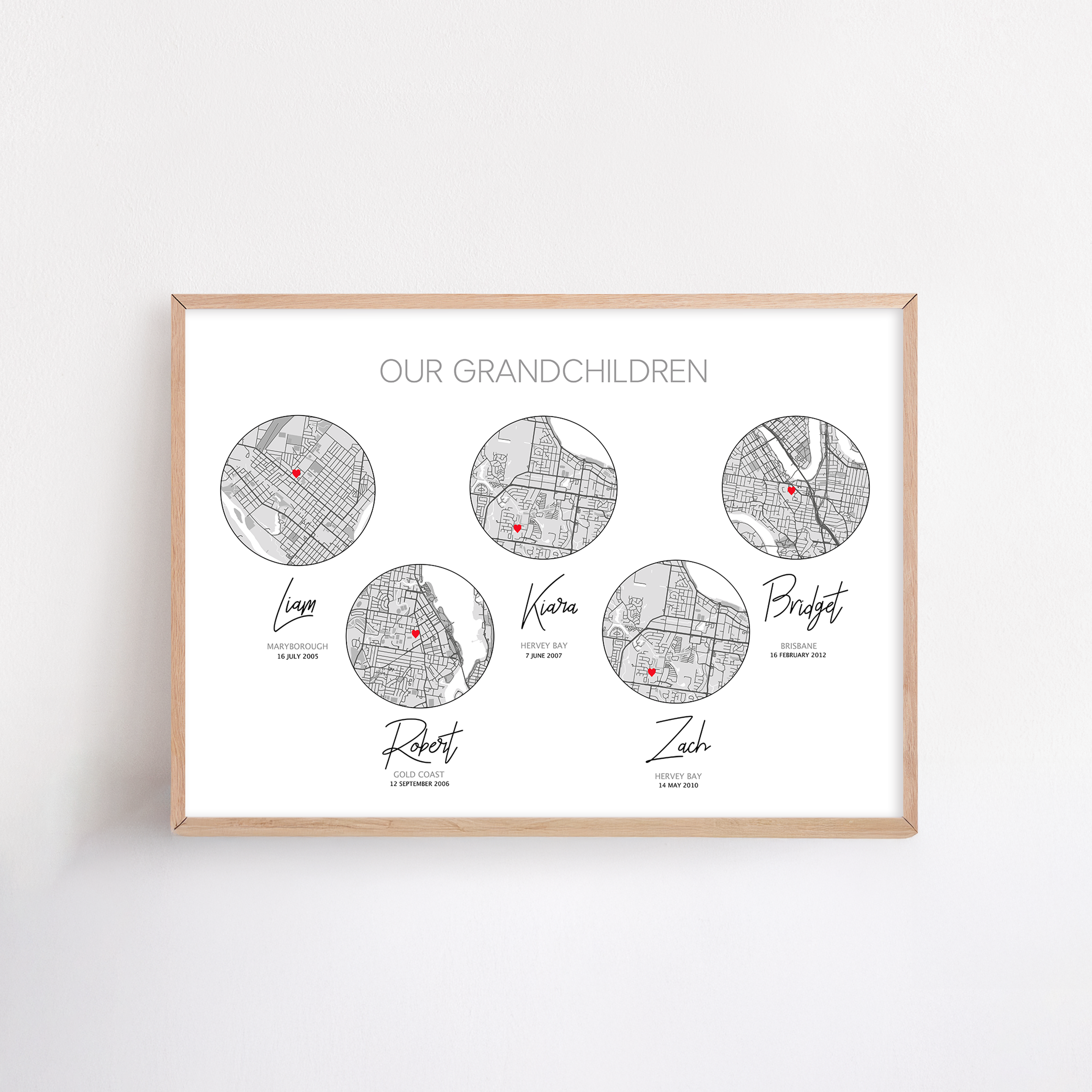 our grandchildren framed with with custom birth places and names