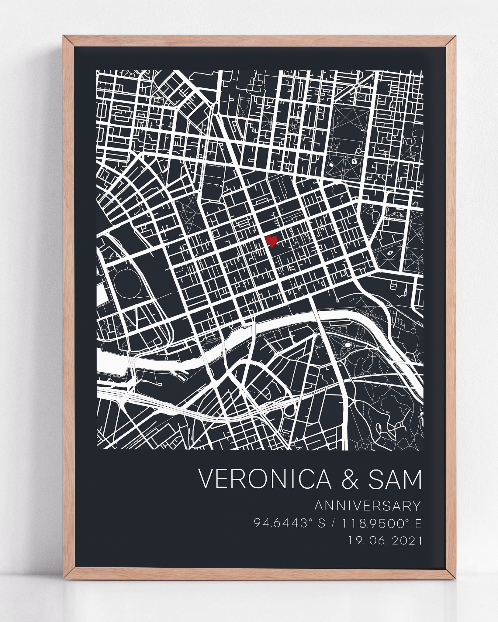 A custom anniversary gift framed with coordinate map