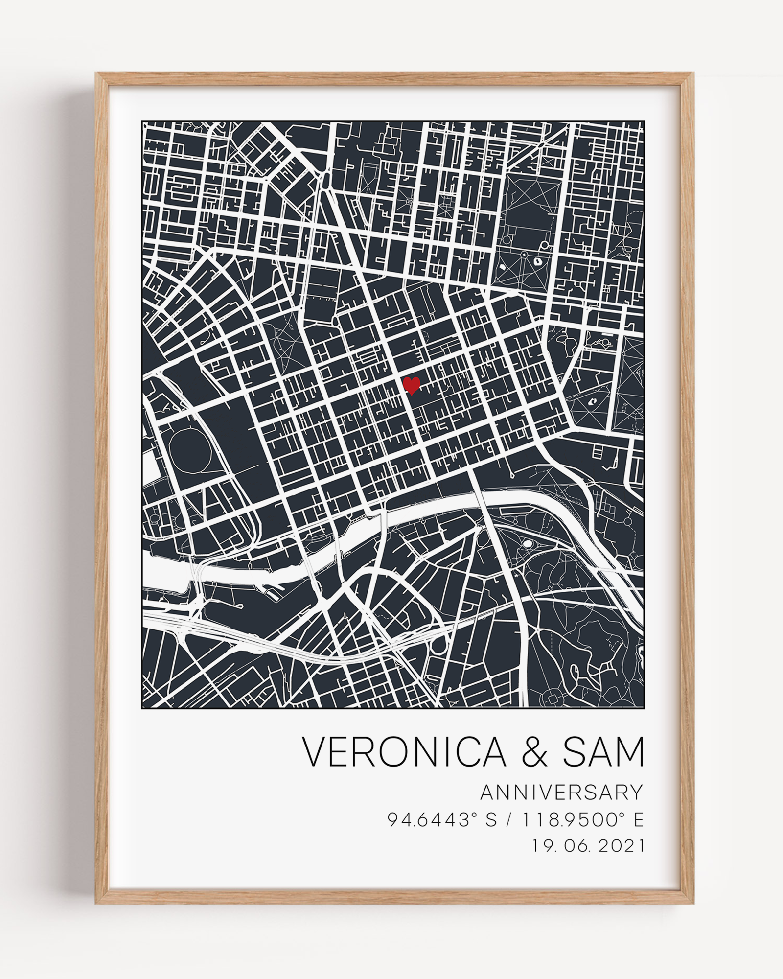 "Framed 5-year anniversary custom map print featuring the location where the couple met, married, or lived, with personalized names, date, and heartfelt message—celebrating five years of shared memories and journey together.