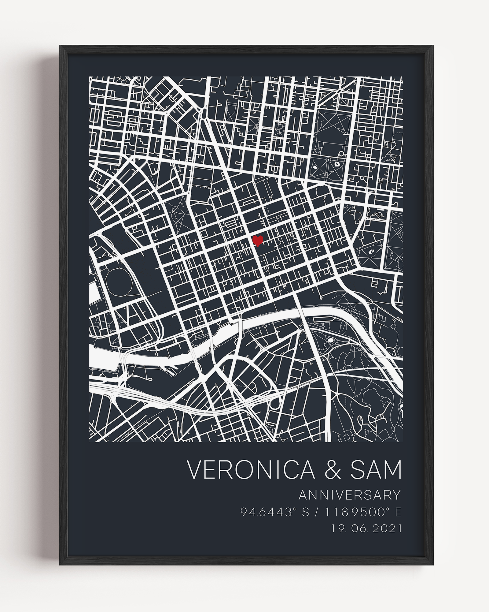 Custom anniversary map print showing a heart-shaped map centered on a meaningful location, marked with geographic coordinates and personalized names or date.