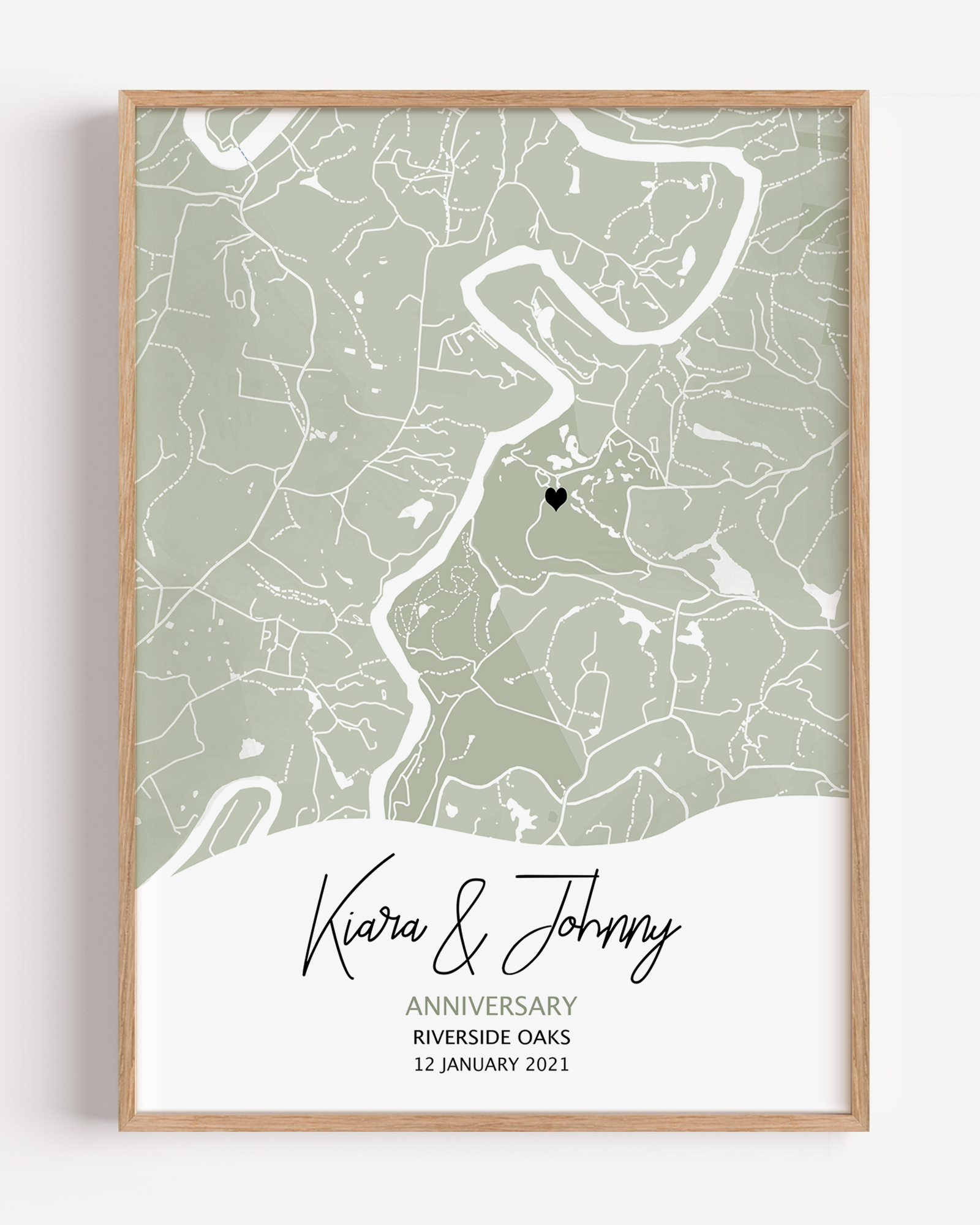 Personalized anniversary map print featuring a custom location with coordinates, names, and date—commemorating a special moment or place in a couple’s love story.