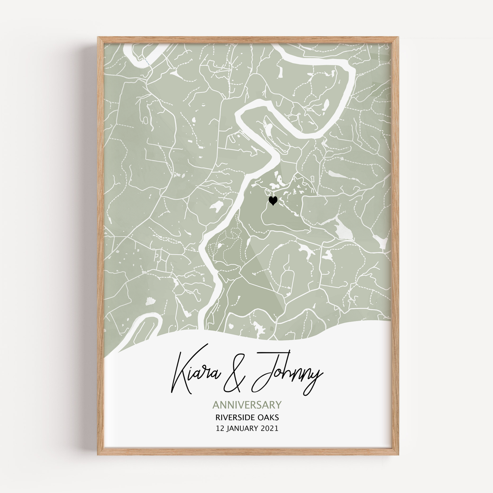 Personalized anniversary map print featuring a custom location with coordinates, names, and date—commemorating a special moment or place in a couple’s love story.
