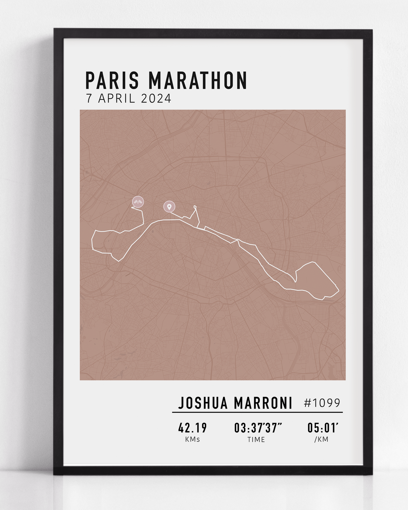 Framed custom art print of a marathon route, showing a minimalist line map of the running course with labeled start and finish points, event name, date, and distance.