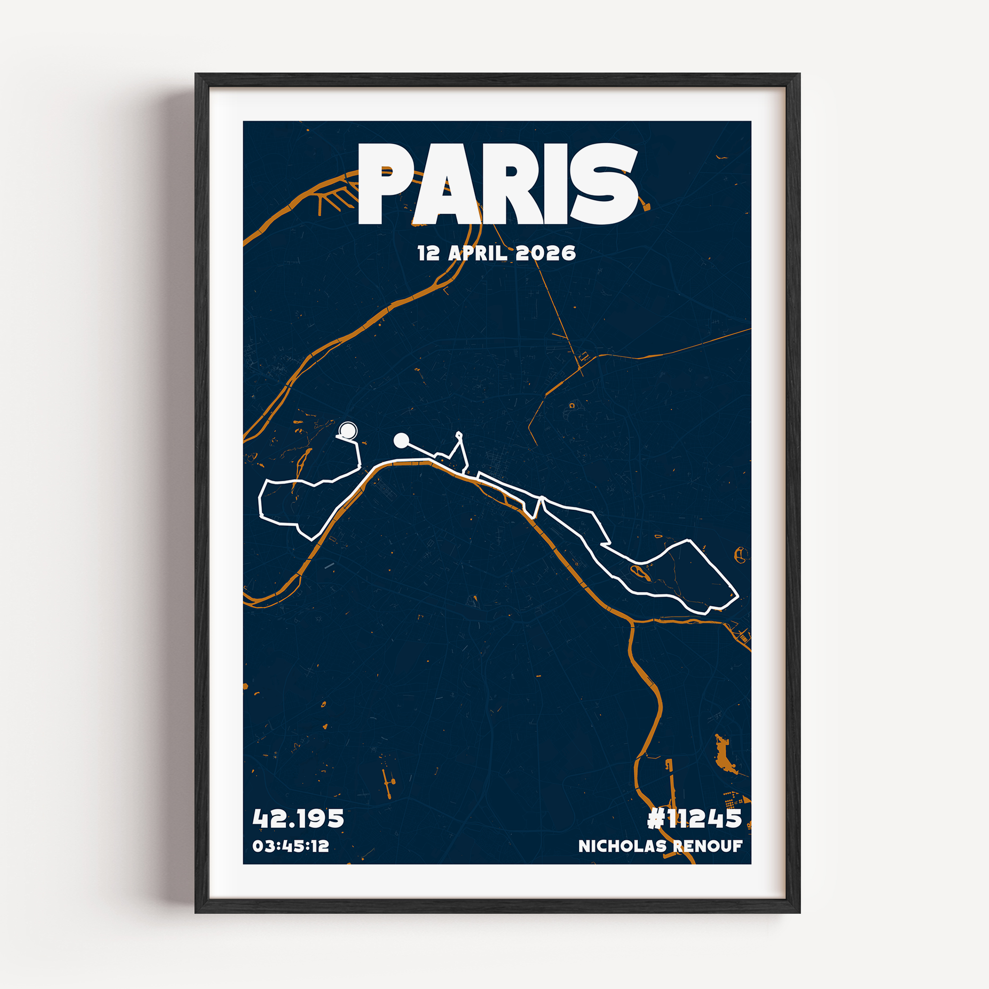 An elegant marathon map poster of Paris, highlighting the specific race course through the city. The design includes "Paris" in a decorative font at the top, paired with personalised runner statistics including name, bib number, and finish time.