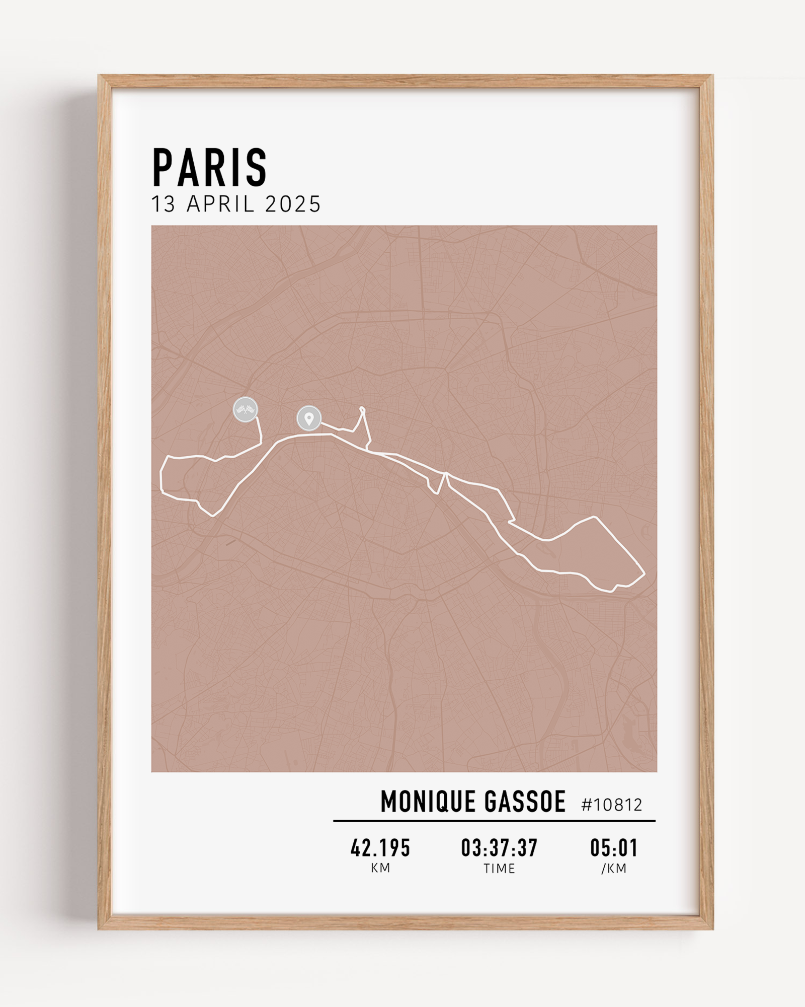 Framed custom art print of london marathon route, showing a minimalist line map of the running course with labeled start and finish points, event name, date, and distance.