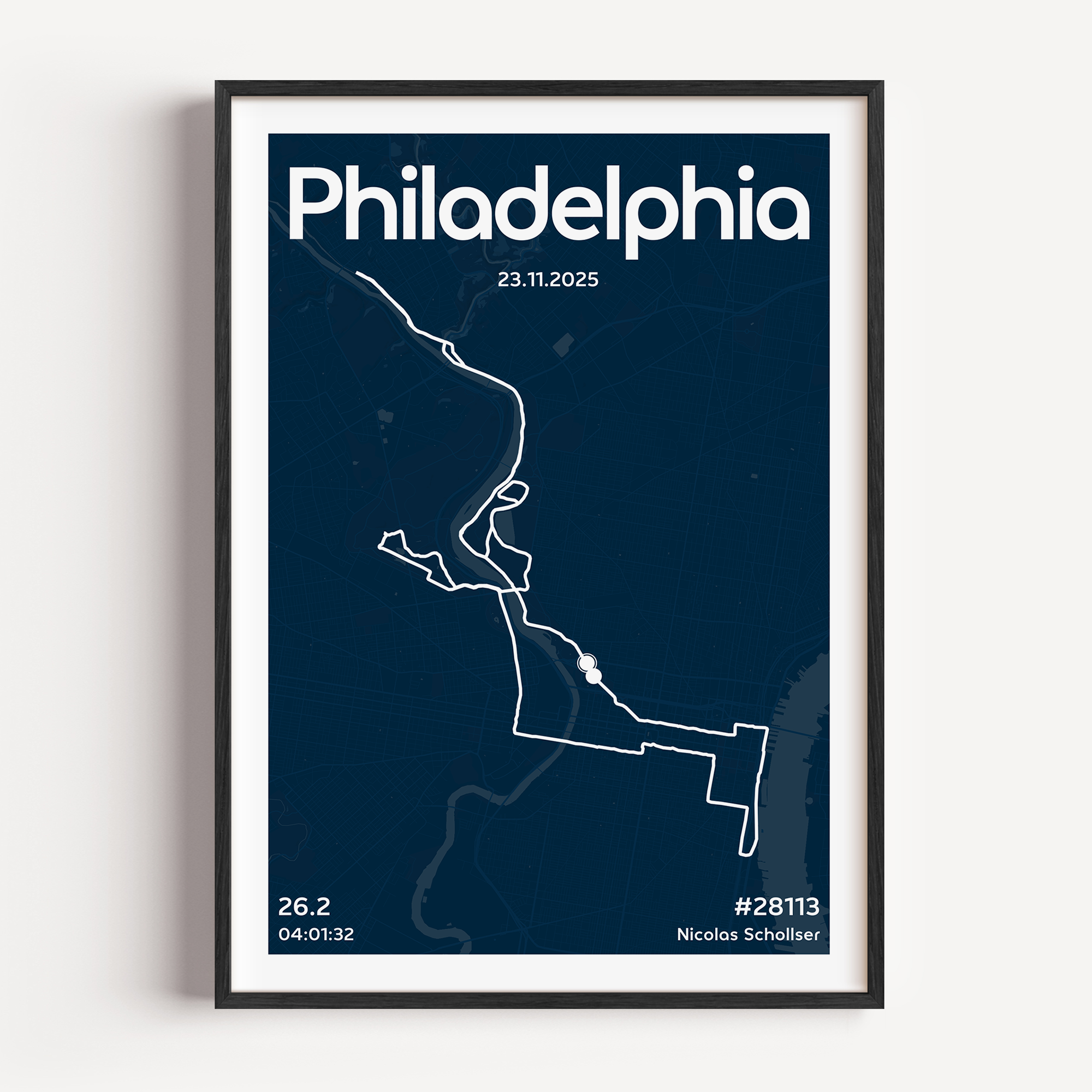 A custom Philadelphia Marathon commemorative print featuring a detailed map of the race route. The poster displays "Philadelphia" prominently at the top, with the runner’s personal achievements like finish time and name listed clearly at the base.
