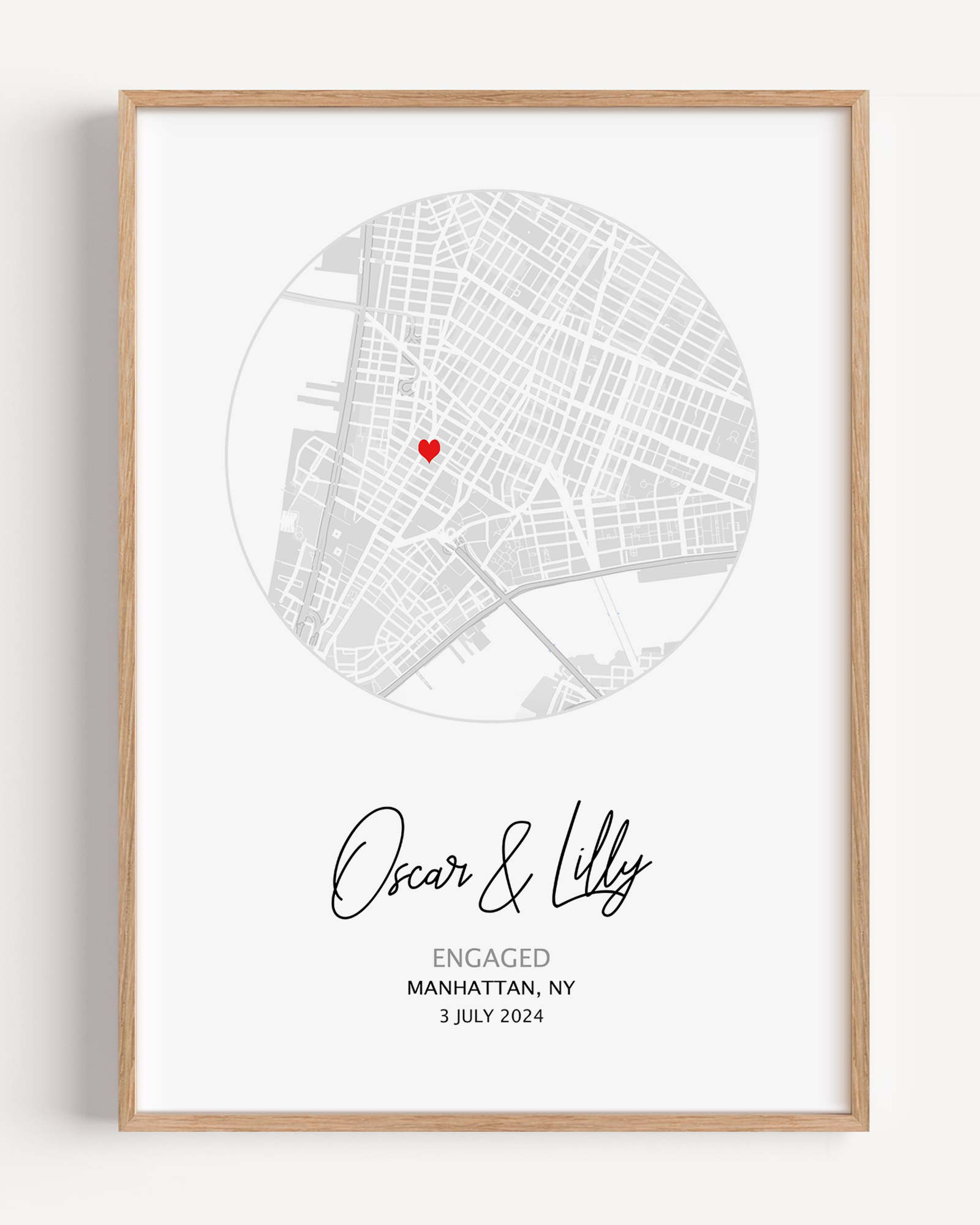 Personalized Engagement Circle Map Print featuring custom location, names, and date in a minimalist circular design, ideal engagement gift and wall décor.