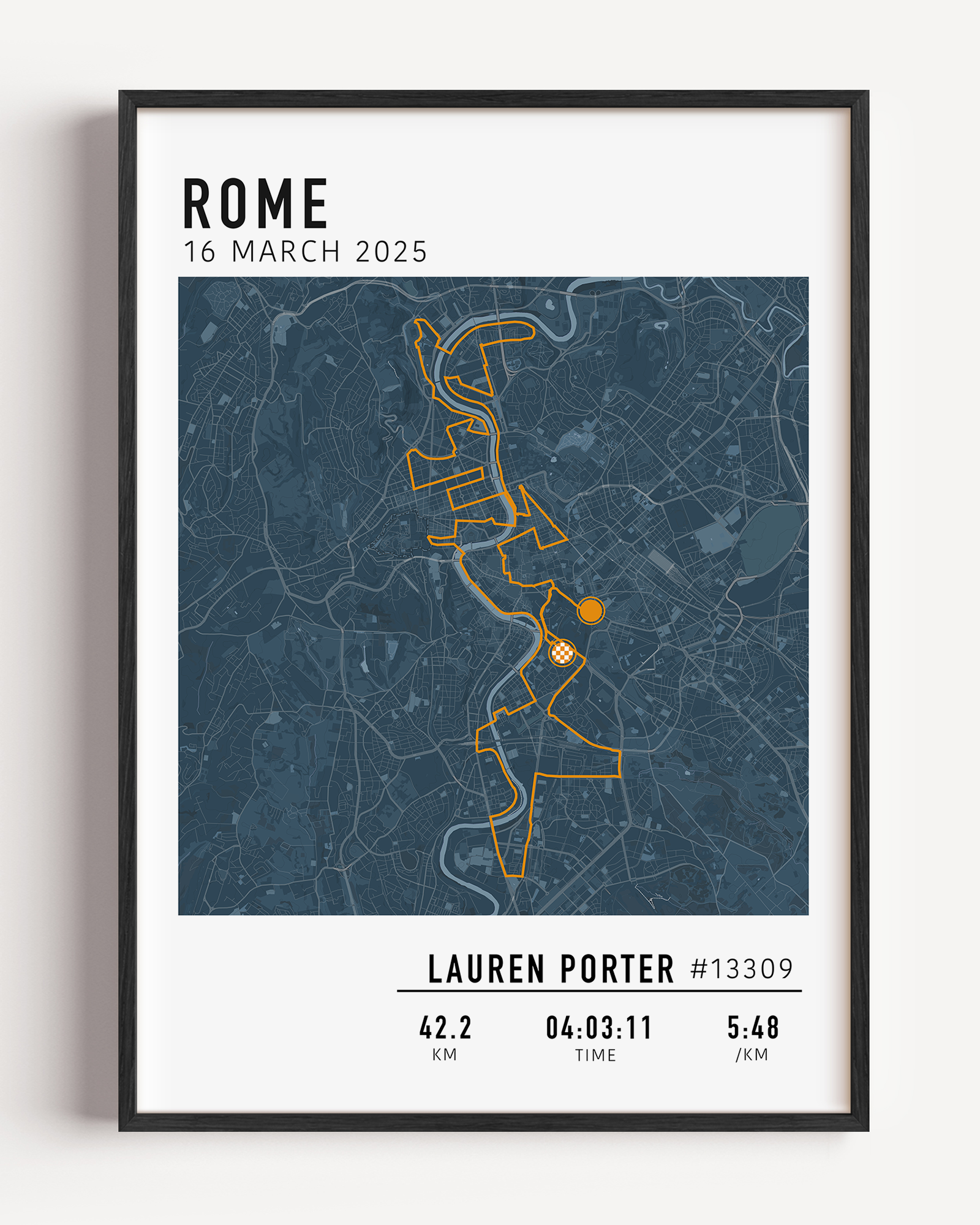 Rome Marathon Map Print Gift for Runners Post Race Gift, framed Rome marathon route print with custom statistics and time