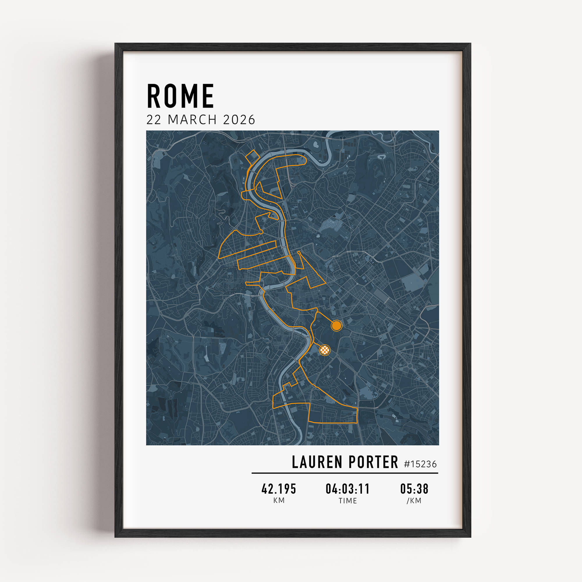 Rome Marathon Map Print Gift for Runners Post Race Gift, framed Rome marathon route print with custom statistics and time