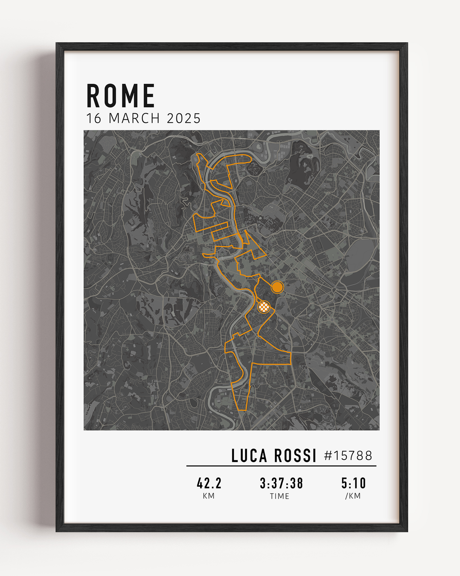 Rome Marathon Map Print Gift for Runners Post Race Gift, framed Rome marathon route print with custom statistics and time