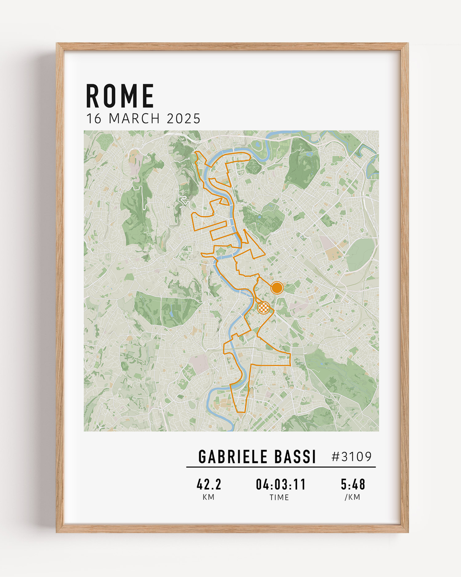 Rome Marathon Map Print Gift for Runners Post Race Gift, framed Rome marathon route print with custom statistics and time