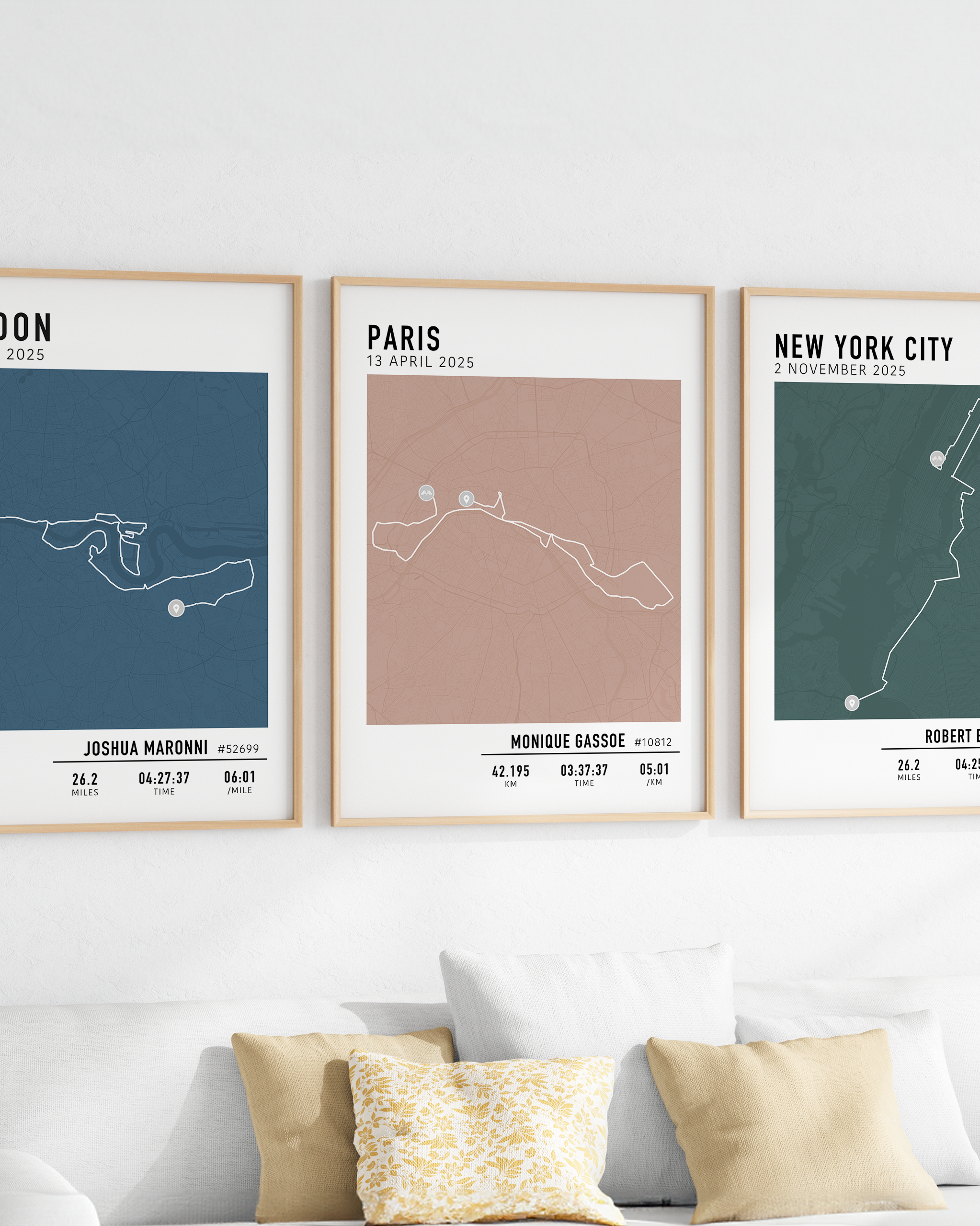 Framed custom art print of a marathon route, showing a minimalist line map of the running course with labeled start and finish points, event name, date, and distance.