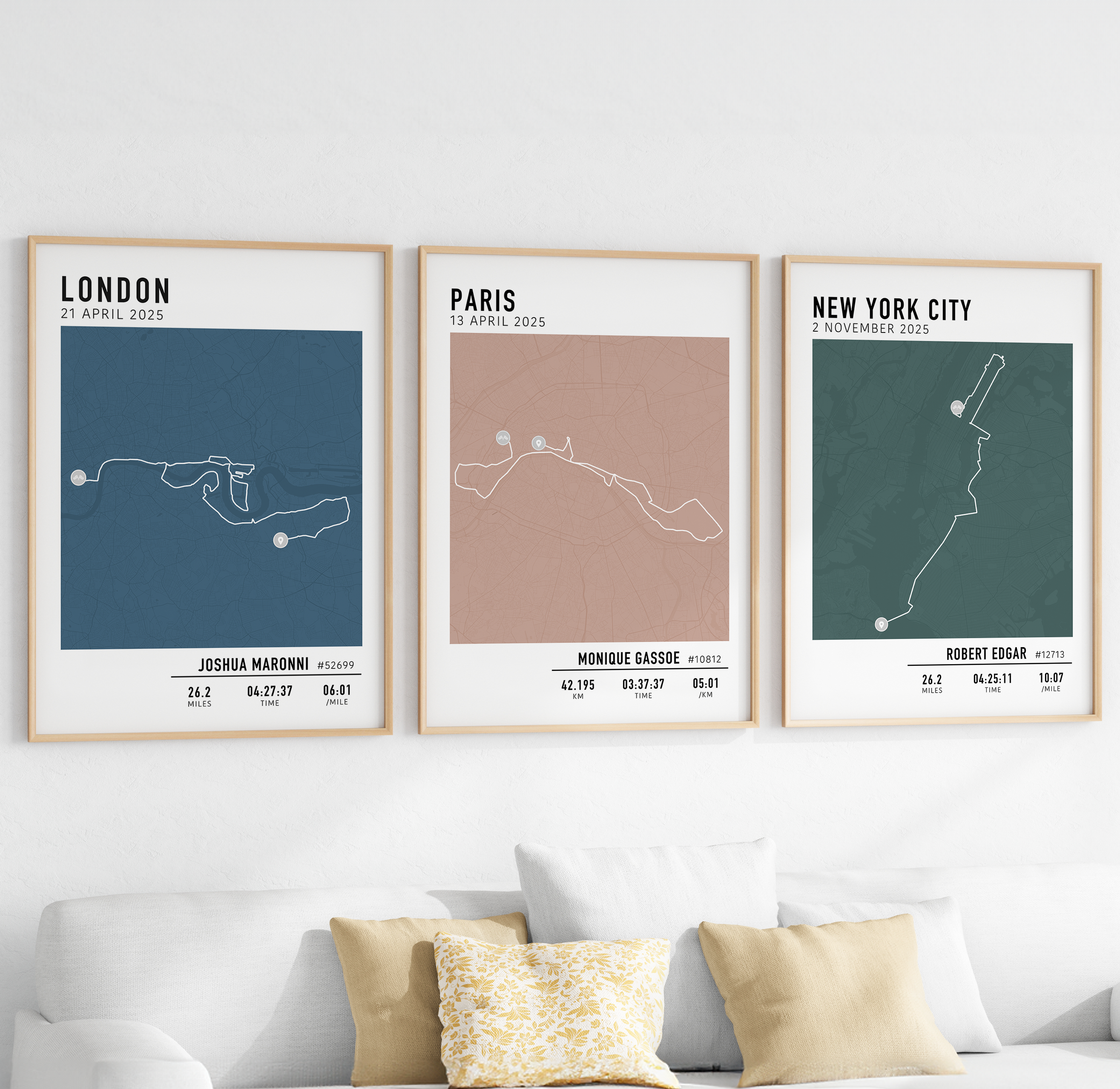 Framed custom art print of a marathon route, showing a minimalist line map of the running course with labeled start and finish points, event name, date, and distance.
