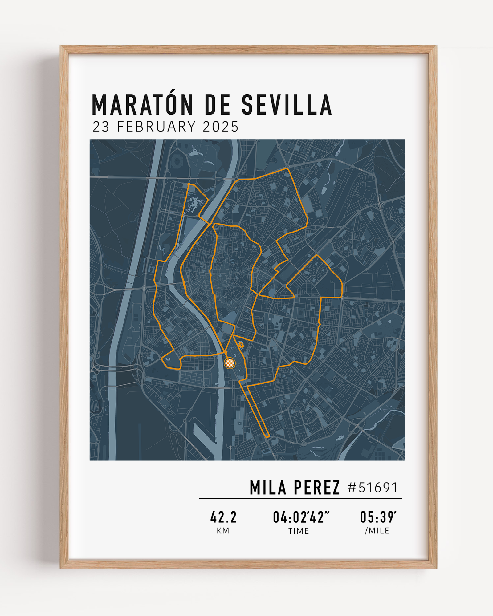 Custom Maratón de Sevilla Map Poster – Personalized marathon route print featuring the 2025 Seville Marathon course, perfect keepsake gift for runners.
