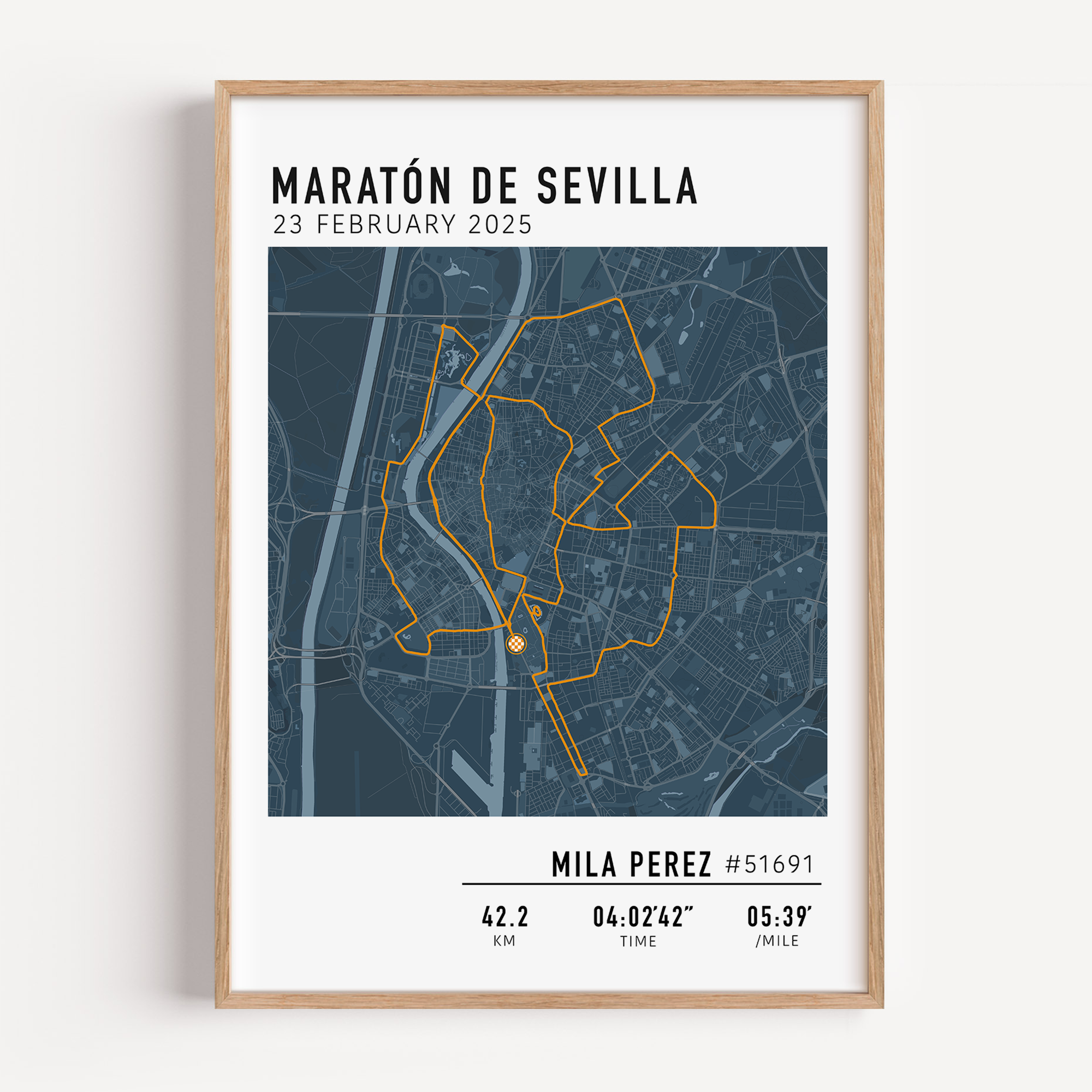 Custom Maratón de Sevilla Map Poster – Personalized marathon route print featuring the 2025 Seville Marathon course, perfect keepsake gift for runners.