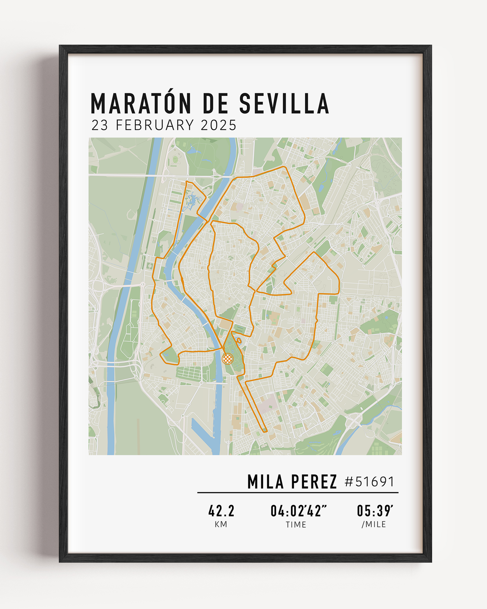 Custom Maratón de Sevilla Map Poster – Personalized marathon route print featuring the 2025 Seville Marathon course, perfect keepsake gift for runners.