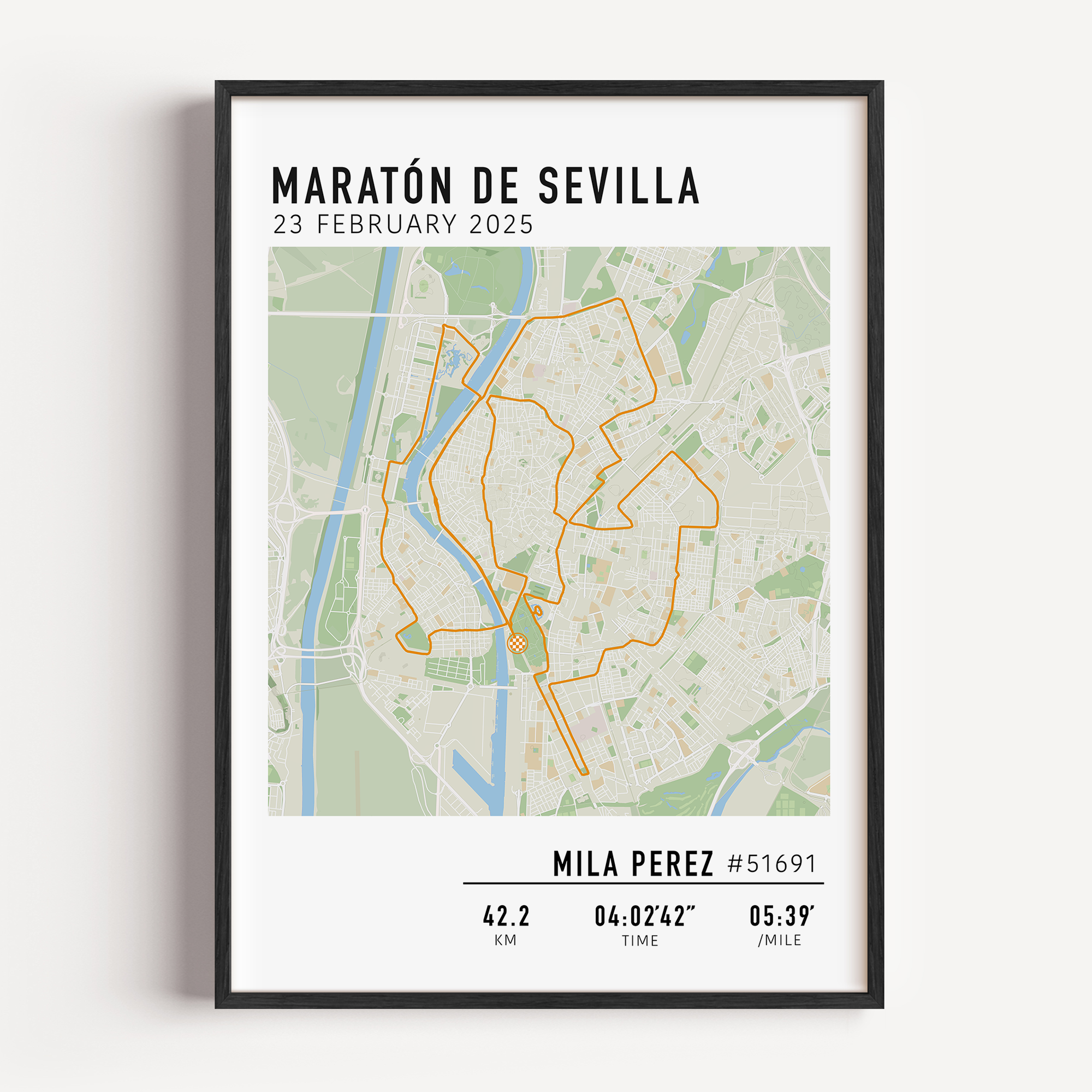 Custom Maratón de Sevilla Map Poster – Personalized marathon route print featuring the 2025 Seville Marathon course, perfect keepsake gift for runners.