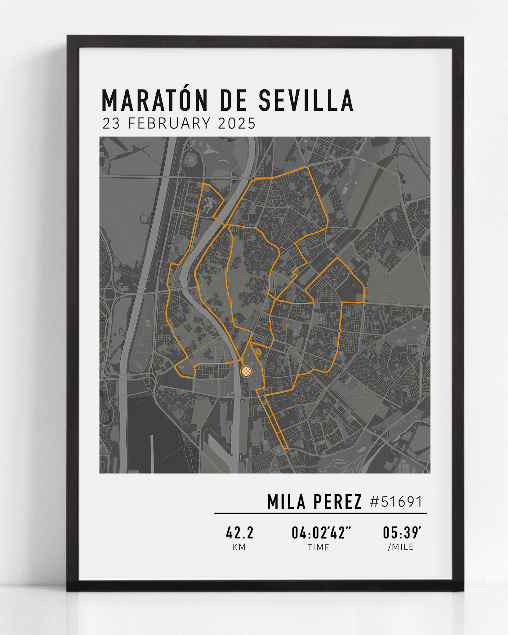 Custom Maratón de Sevilla Map Poster – Personalized marathon route print featuring the 2025 Seville Marathon course, perfect keepsake gift for runners.