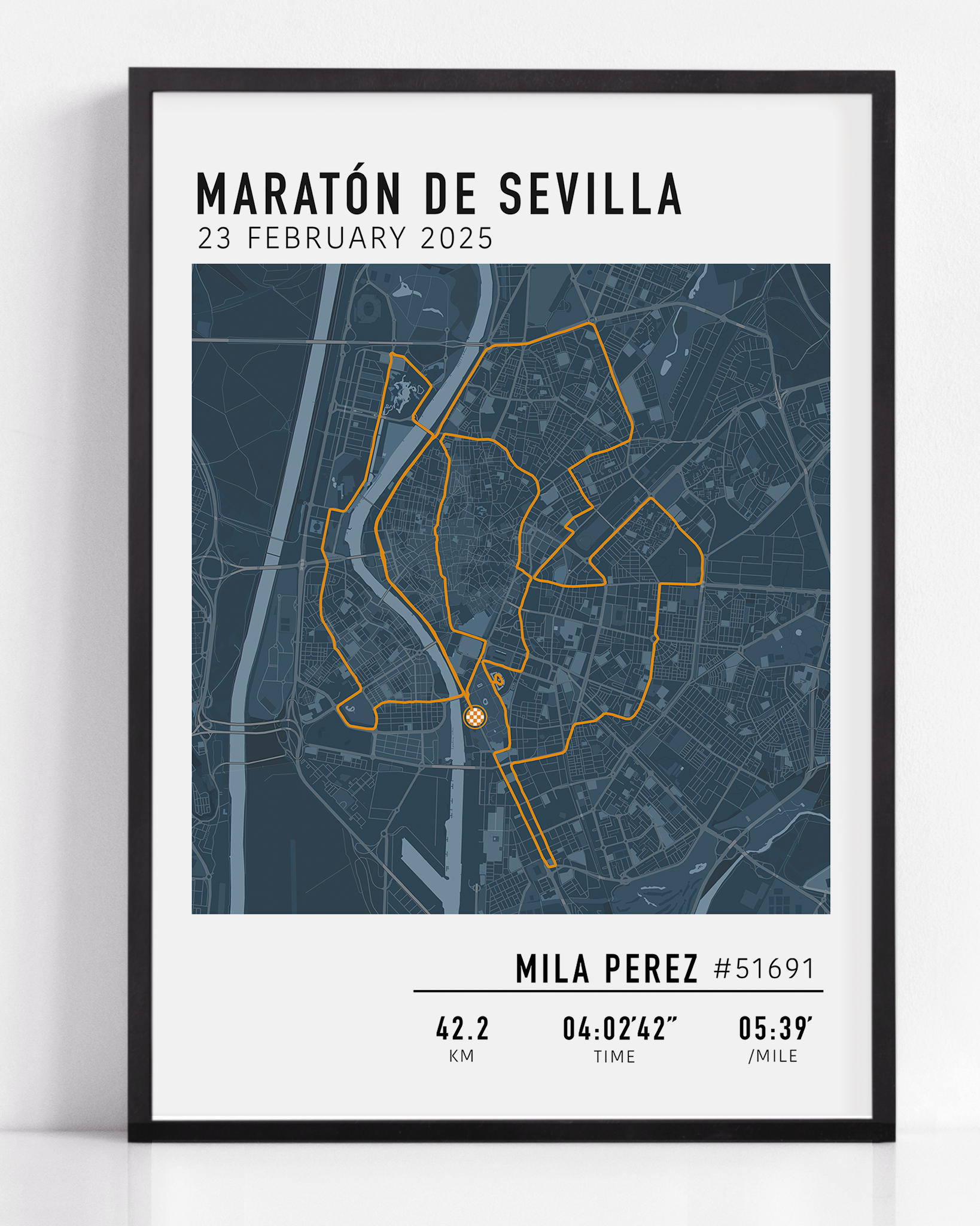 Custom Maratón de Sevilla Map Poster – Personalized marathon route print featuring the 2025 Seville Marathon course, perfect keepsake gift for runners.