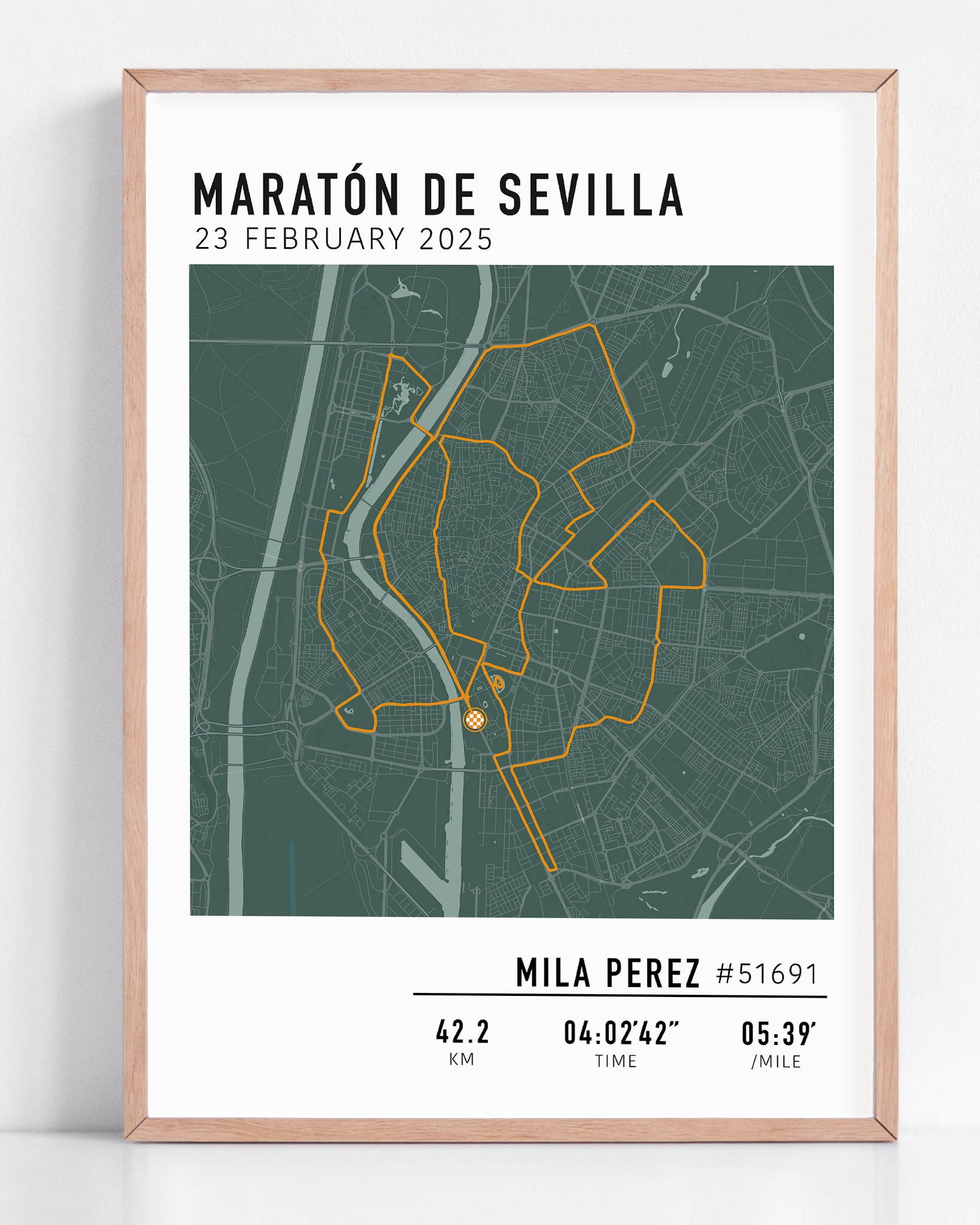 Custom Maratón de Sevilla Map Poster – Personalized marathon route print featuring the 2025 Seville Marathon course, perfect keepsake gift for runners.
