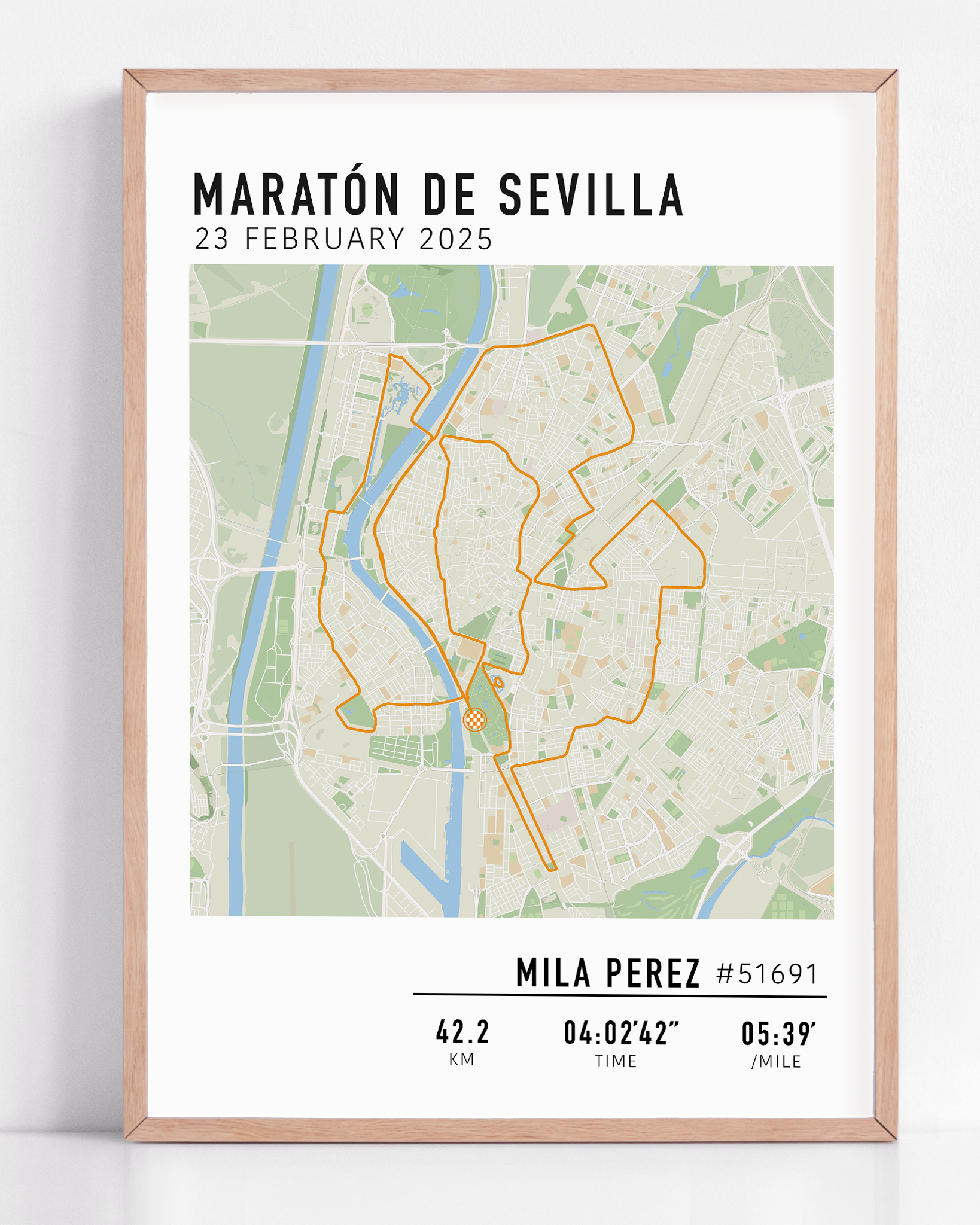 Custom Maratón de Sevilla Map Poster – Personalized marathon route print featuring the 2025 Seville Marathon course, perfect keepsake gift for runners.
