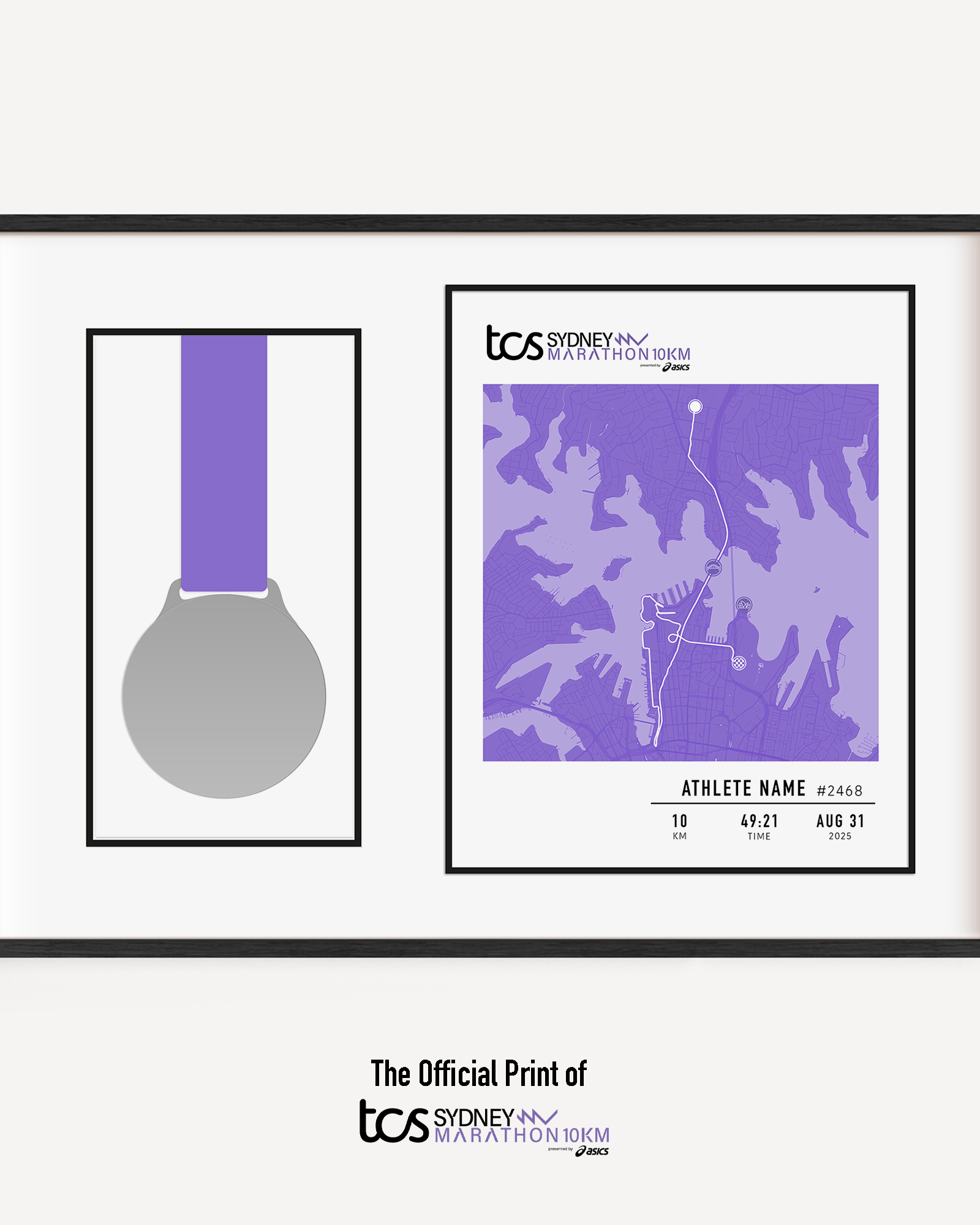 Framed custom medal display frame of the 2025 TCS Sydney Marathon 10km, featuring a purple racemap with a 10km route. Personalised with the athlete's name, bib number, finish time, and date. Part of the official MYM (Mark Your Moment) collection.
