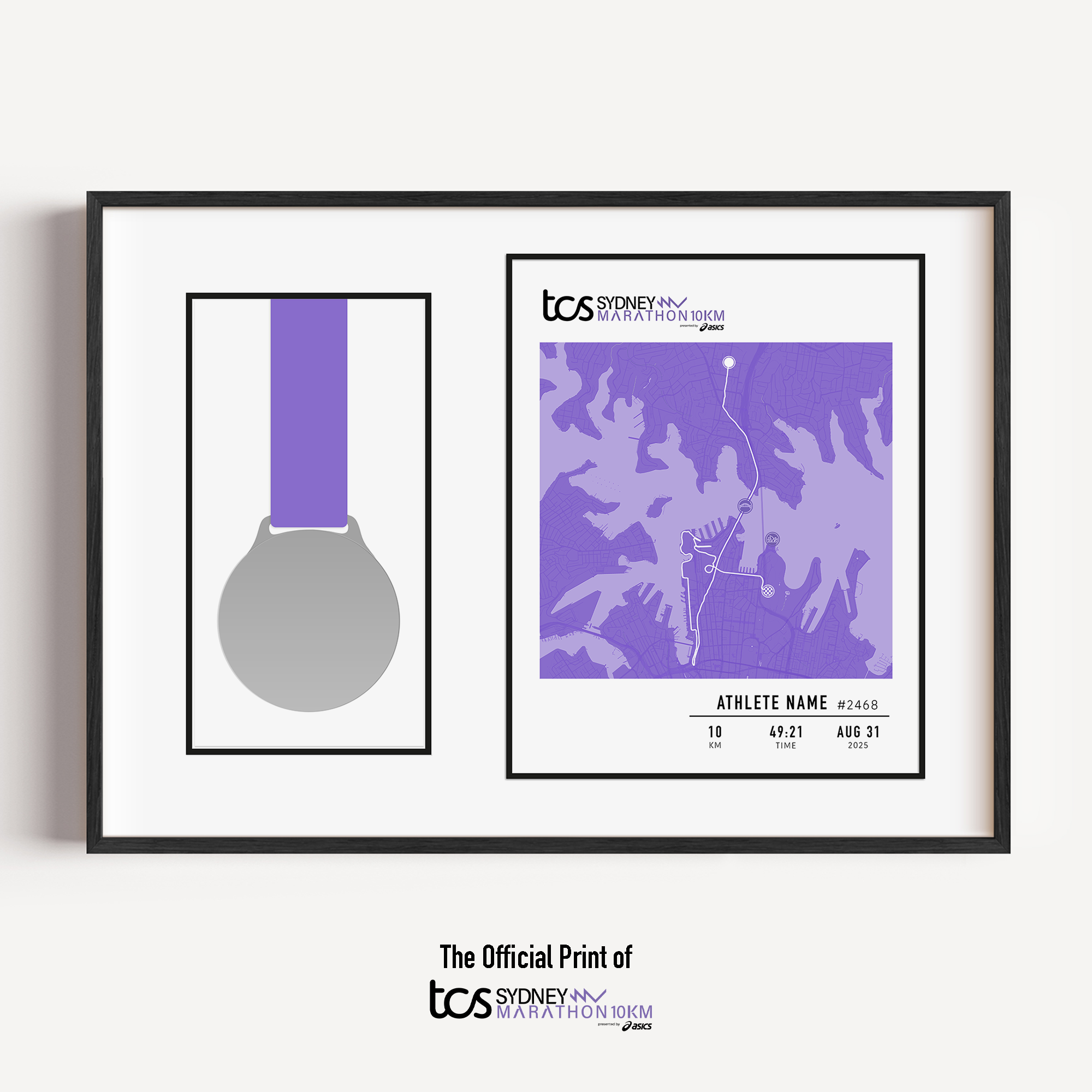 Framed custom medal display frame of the 2025 TCS Sydney Marathon 10km, featuring a purple racemap with a 10km route. Personalised with the athlete's name, bib number, finish time, and date. Part of the official MYM (Mark Your Moment) collection.