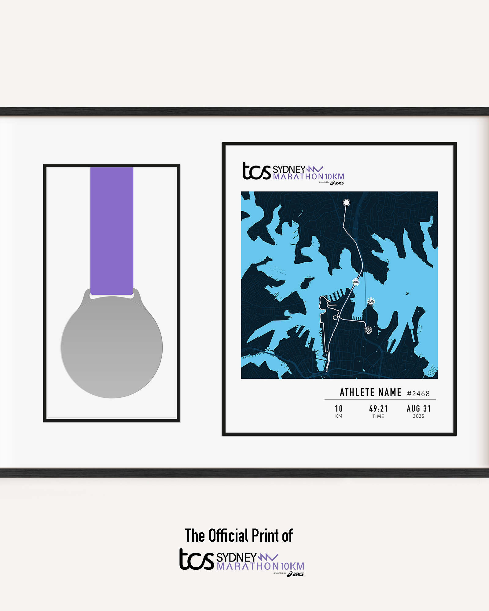 Framed custom medal display frame of the 2025 TCS Sydney Marathon 10km, featuring a purple racemap with a 10km route. Personalised with the athlete's name, bib number, finish time, and date. Part of the official MYM (Mark Your Moment) collection.