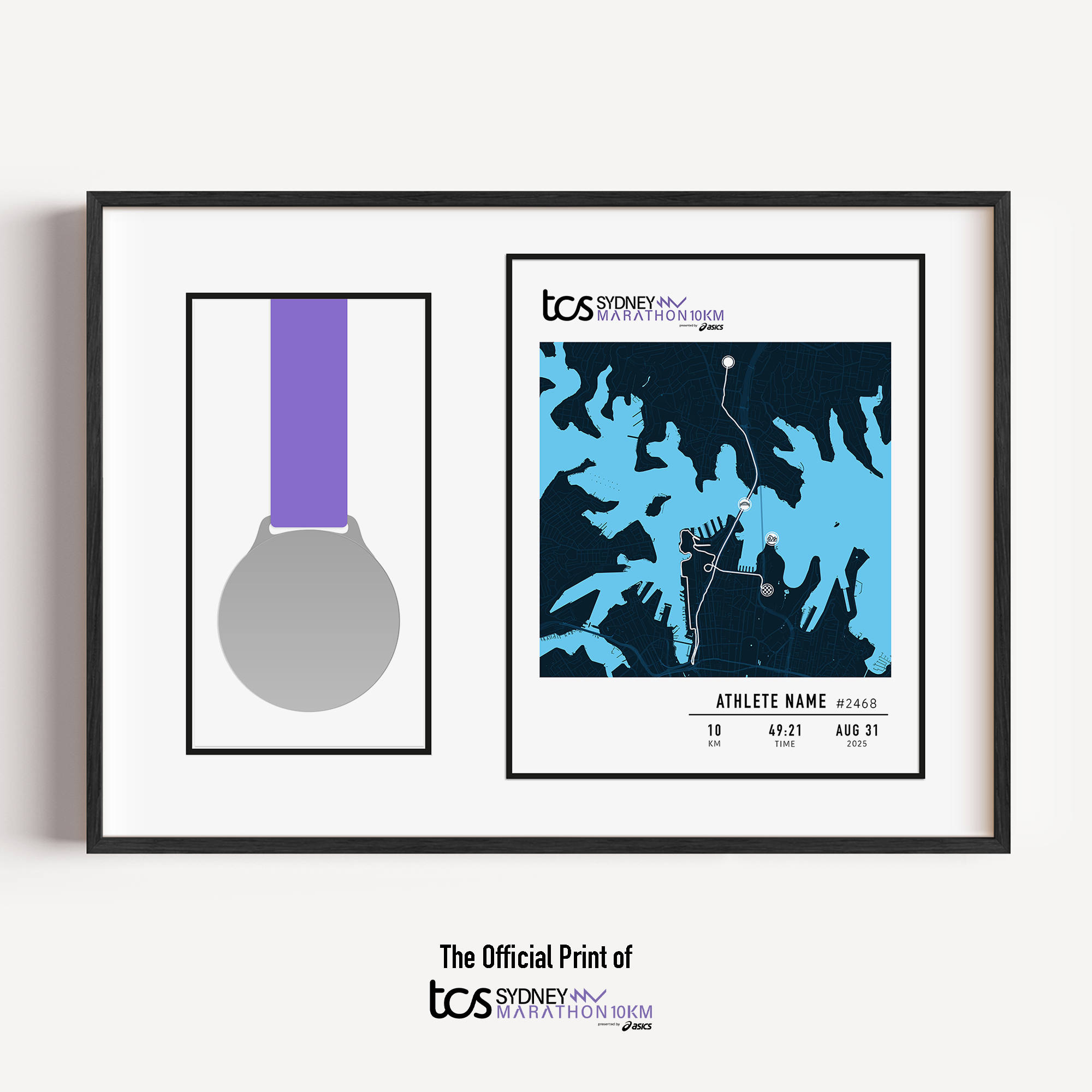 Framed custom medal display frame of the 2025 TCS Sydney Marathon 10km, featuring a purple racemap with a 10km route. Personalised with the athlete's name, bib number, finish time, and date. Part of the official MYM (Mark Your Moment) collection.