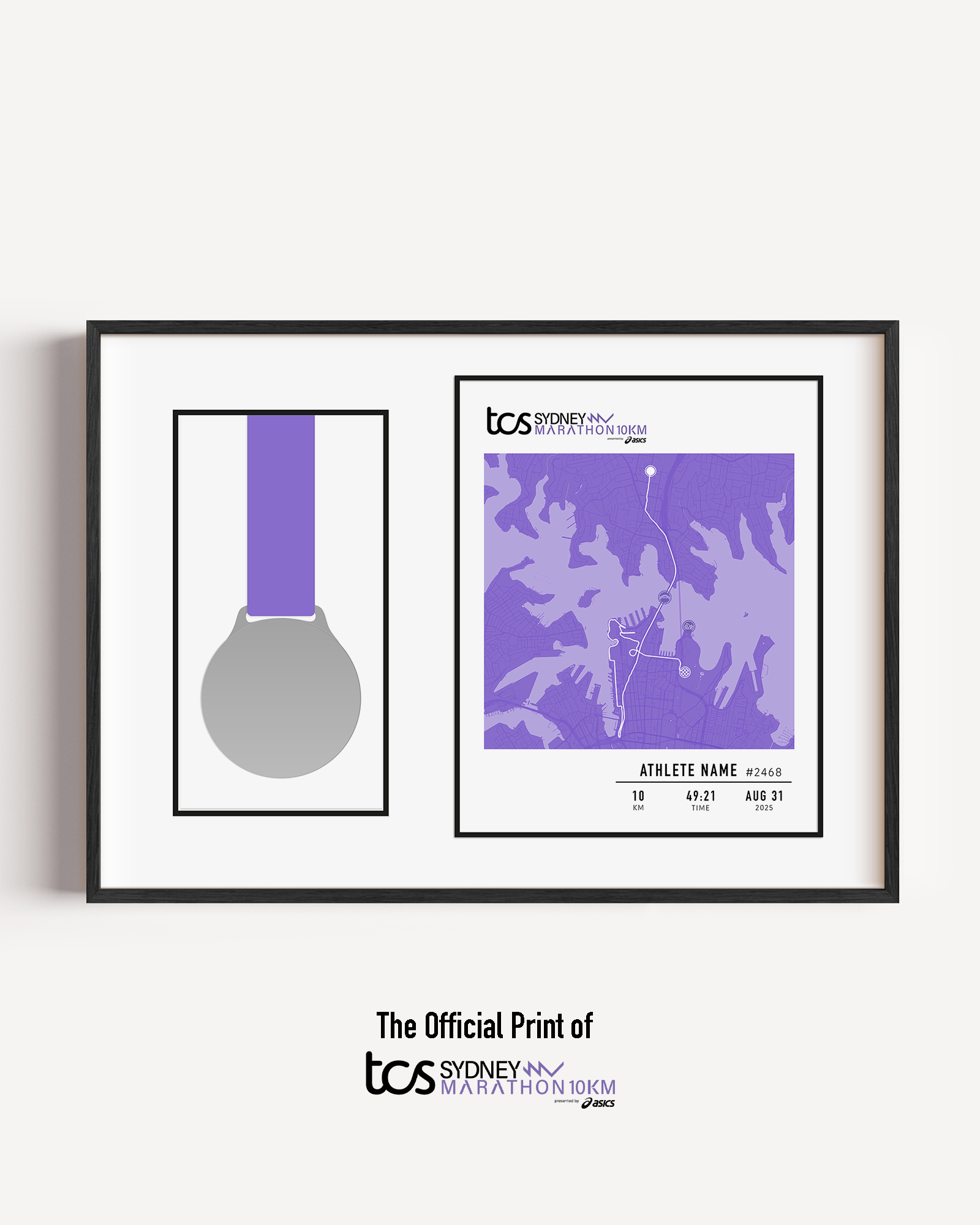 Framed Sydney Marathon 10km display featuring the official 10km medal mounted alongside a custom-printed route map of the course through Sydney. The print includes the runner's name, finish time, bib number, race date, and personalized statistics. Clean, modern black frame with white matting enhances the commemorative design.