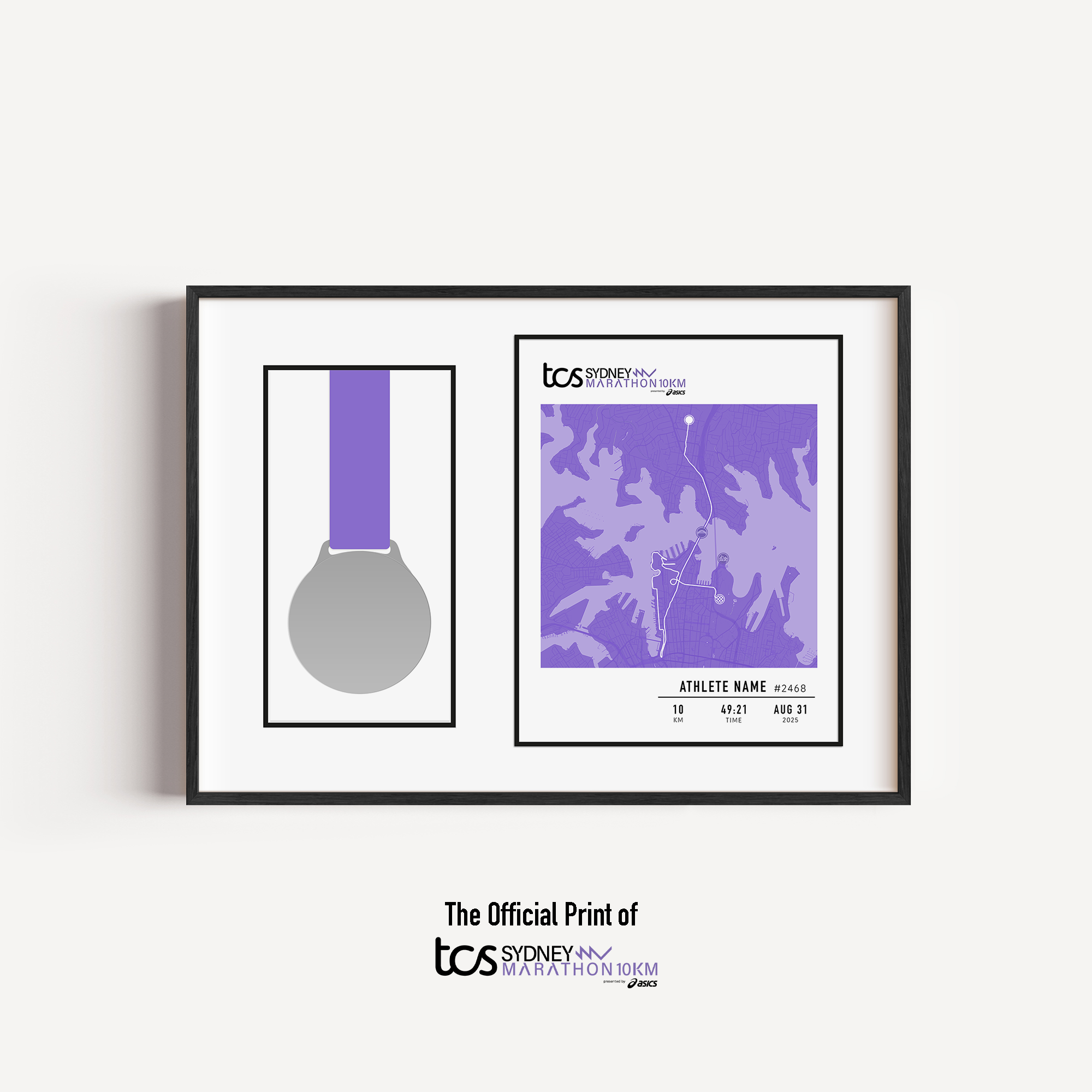 Framed Sydney Marathon 10km display featuring the official 10km medal mounted alongside a custom-printed route map of the course through Sydney. The print includes the runner's name, finish time, bib number, race date, and personalized statistics. Clean, modern black frame with white matting enhances the commemorative design.