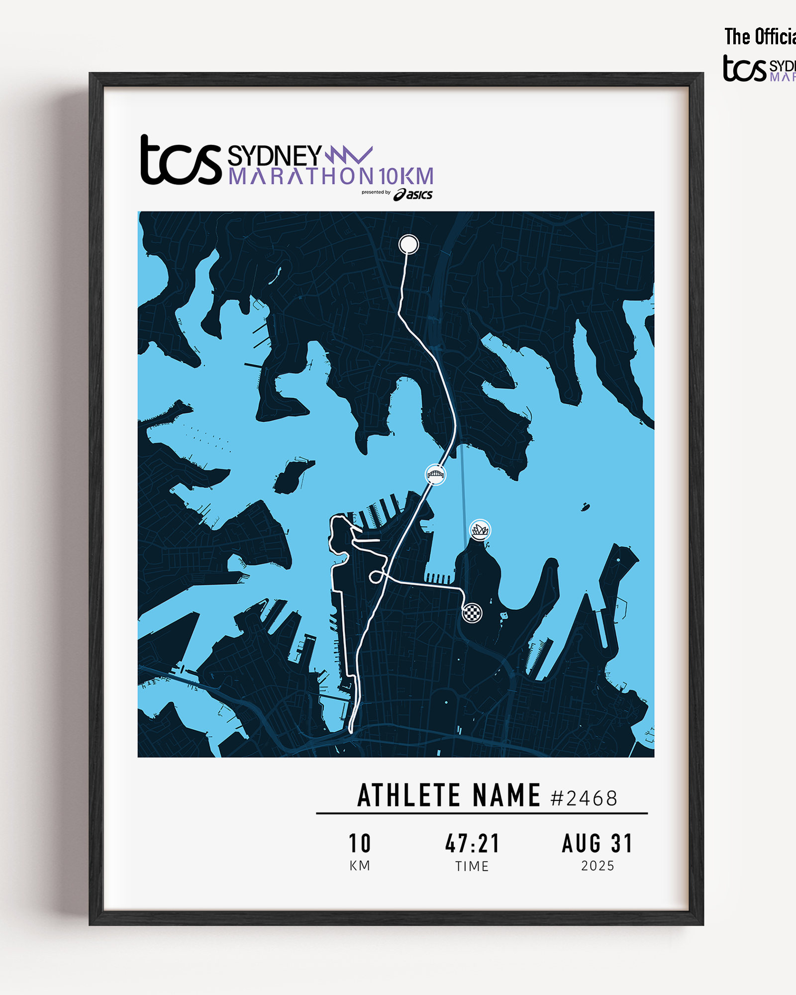 Framed custom print of the 2025 TCS Sydney Marathon 10km, featuring a purple race map with a 10km route. Personalised with the athlete's name, bib number, finish time, and date. Part of the official MYM (Mark Your Moment) collection.