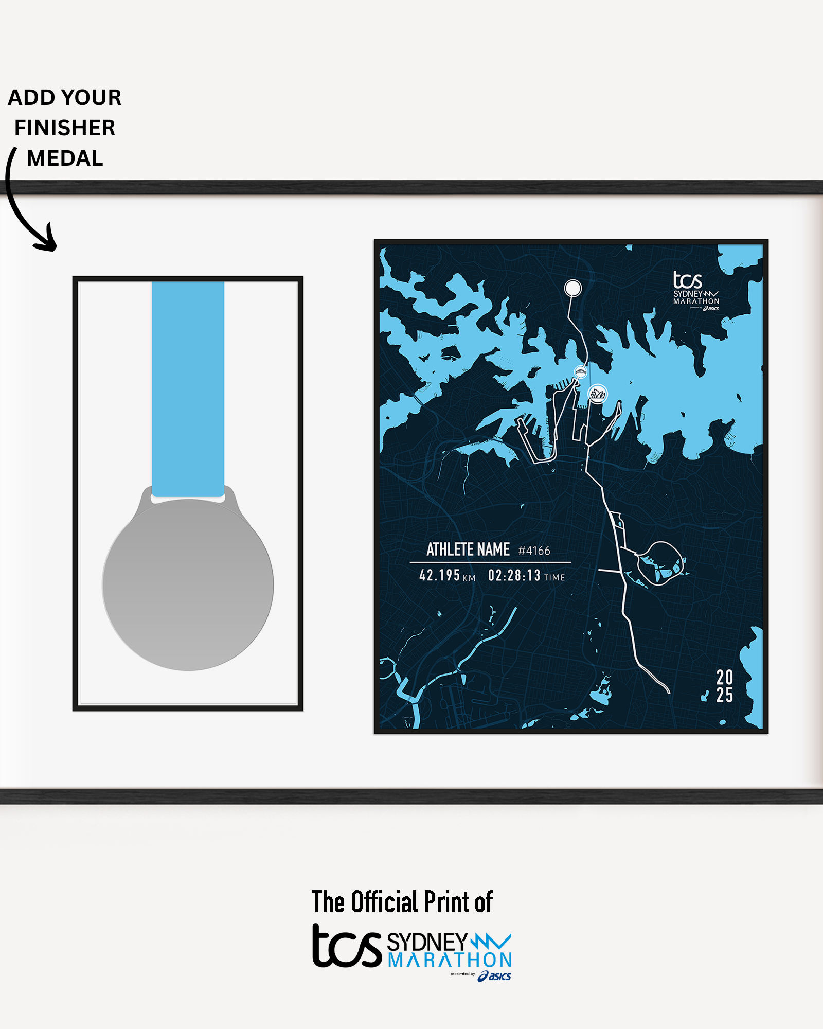 Framed Sydney Marathon display featuring the official marathon medal mounted alongside a custom-printed route map of the 42.195 km course through Sydney. The print includes the runner's name, finish time, bib number, race date, and personalized statistics. Clean, modern black frame with white matting enhances the commemorative design. CHANGE TO Nike Melbourne Marathon