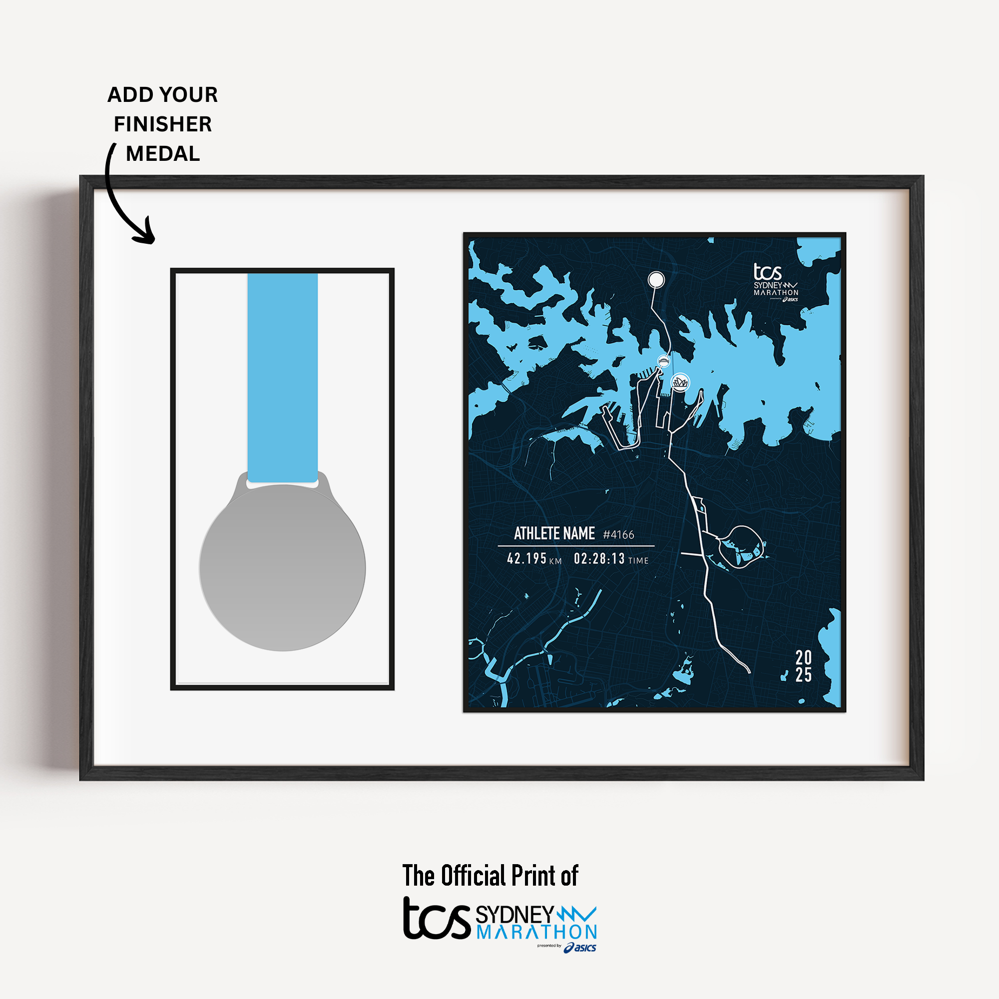 Framed Sydney Marathon display featuring the official marathon medal mounted alongside a custom-printed route map of the 42.195 km course through Sydney. The print includes the runner's name, finish time, bib number, race date, and personalized statistics. Clean, modern black frame with white matting enhances the commemorative design. CHANGE TO Nike Melbourne Marathon