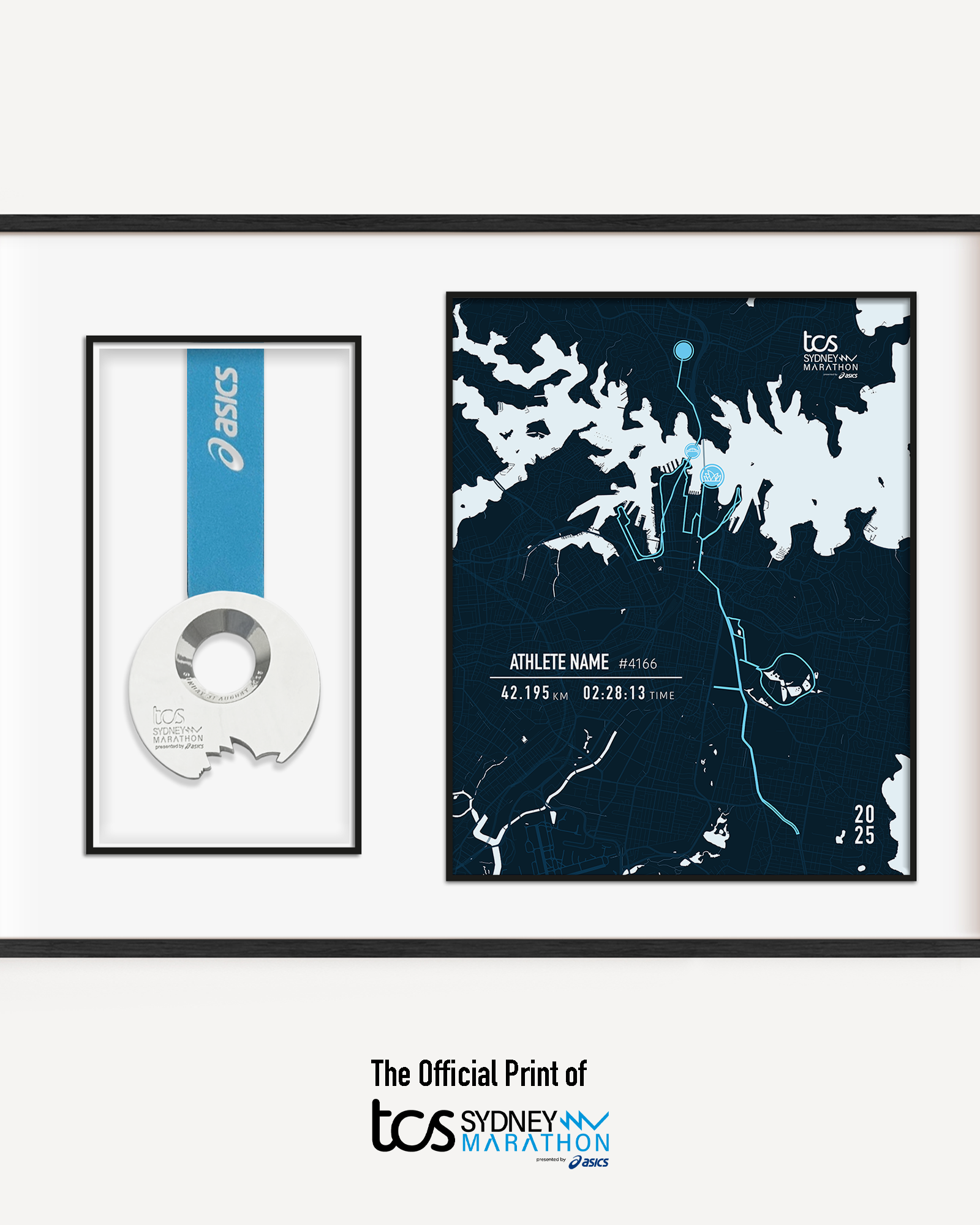 Framed Sydney Marathon display featuring the official marathon medal mounted alongside a custom-printed route map of the 42.195 km course through Sydney. The print includes the runner's name, finish time, bib number, race date, and personalized statistics. Clean, modern black frame with white matting enhances the commemorative design.