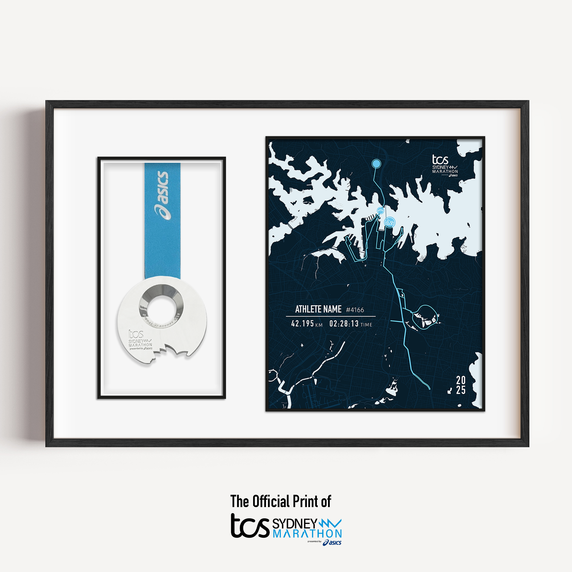 Framed Sydney Marathon display featuring the official marathon medal mounted alongside a custom-printed route map of the 42.195 km course through Sydney. The print includes the runner's name, finish time, bib number, race date, and personalized statistics. Clean, modern black frame with white matting enhances the commemorative design.