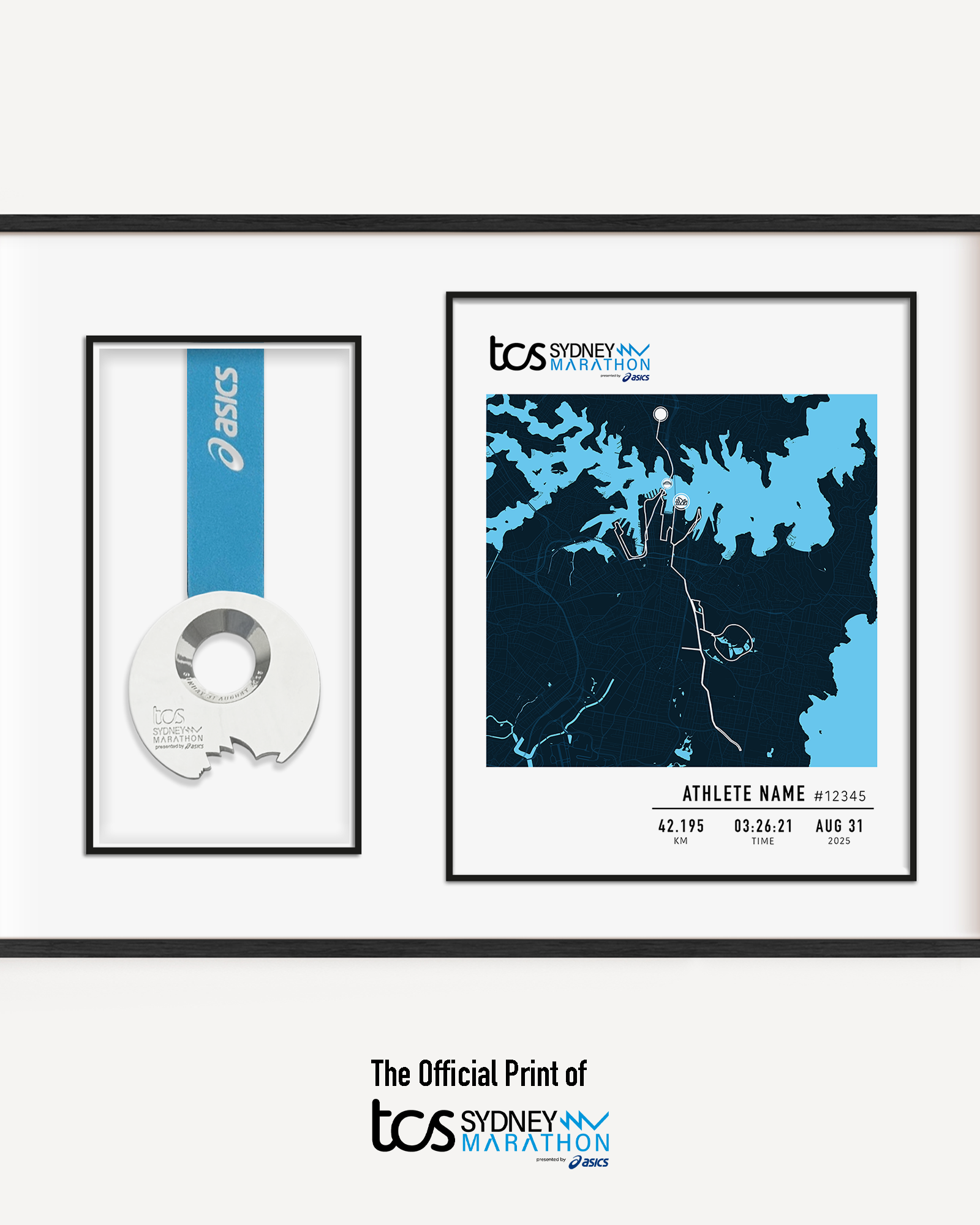 Framed Sydney Marathon display featuring the official marathon medal mounted alongside a custom-printed route map of the 42.195 km course through Sydney. The print includes the runner's name, finish time, bib number, race date, and personalized statistics. Clean, modern black frame with white matting enhances the commemorative design.