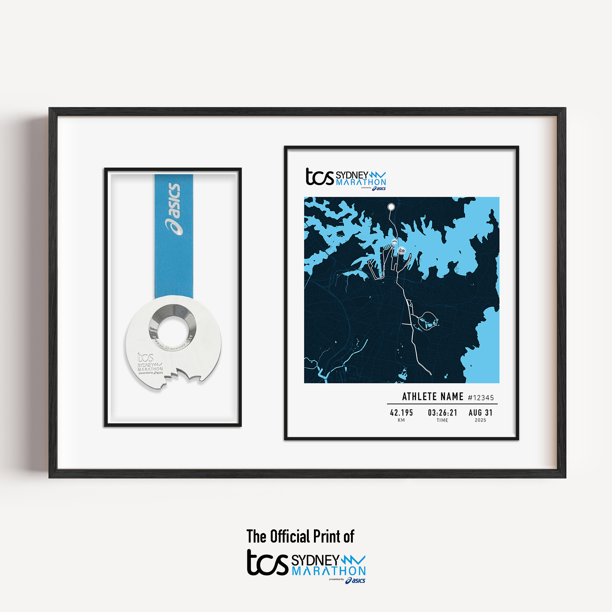 Framed Sydney Marathon display featuring the official marathon medal mounted alongside a custom-printed route map of the 42.195 km course through Sydney. The print includes the runner's name, finish time, bib number, race date, and personalized statistics. Clean, modern black frame with white matting enhances the commemorative design.