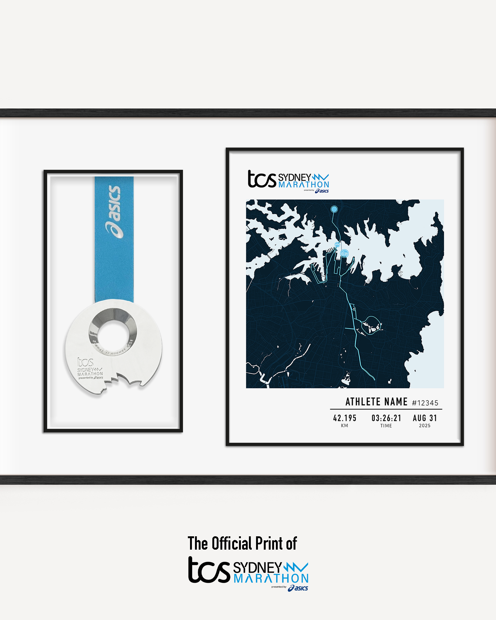 Framed Sydney Marathon display featuring the official marathon medal mounted alongside a custom-printed route map of the 42.195 km course through Sydney. The print includes the runner's name, finish time, bib number, race date, and personalized statistics. Clean, modern black frame with white matting enhances the commemorative design.