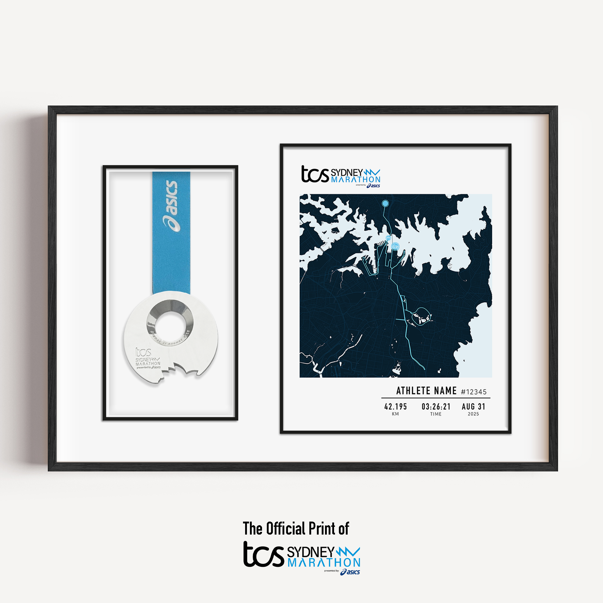 Framed Sydney Marathon display featuring the official marathon medal mounted alongside a custom-printed route map of the 42.195 km course through Sydney. The print includes the runner's name, finish time, bib number, race date, and personalized statistics. Clean, modern black frame with white matting enhances the commemorative design.