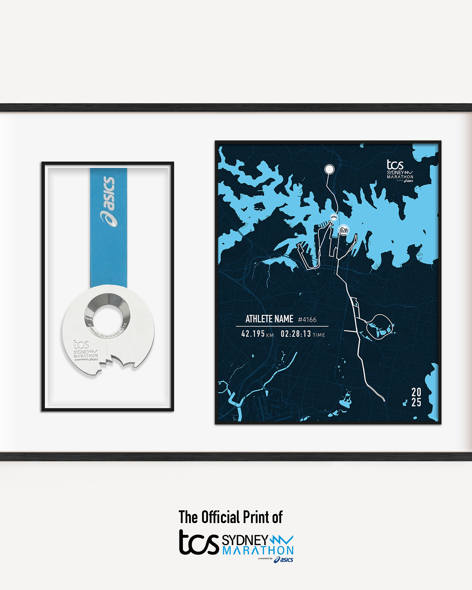 Framed Sydney Marathon display featuring the official marathon medal mounted alongside a custom-printed route map of the 42.195 km course through Sydney. The print includes the runner's name, finish time, bib number, race date, and personalized statistics. Clean, modern black frame with white matting enhances the commemorative design.