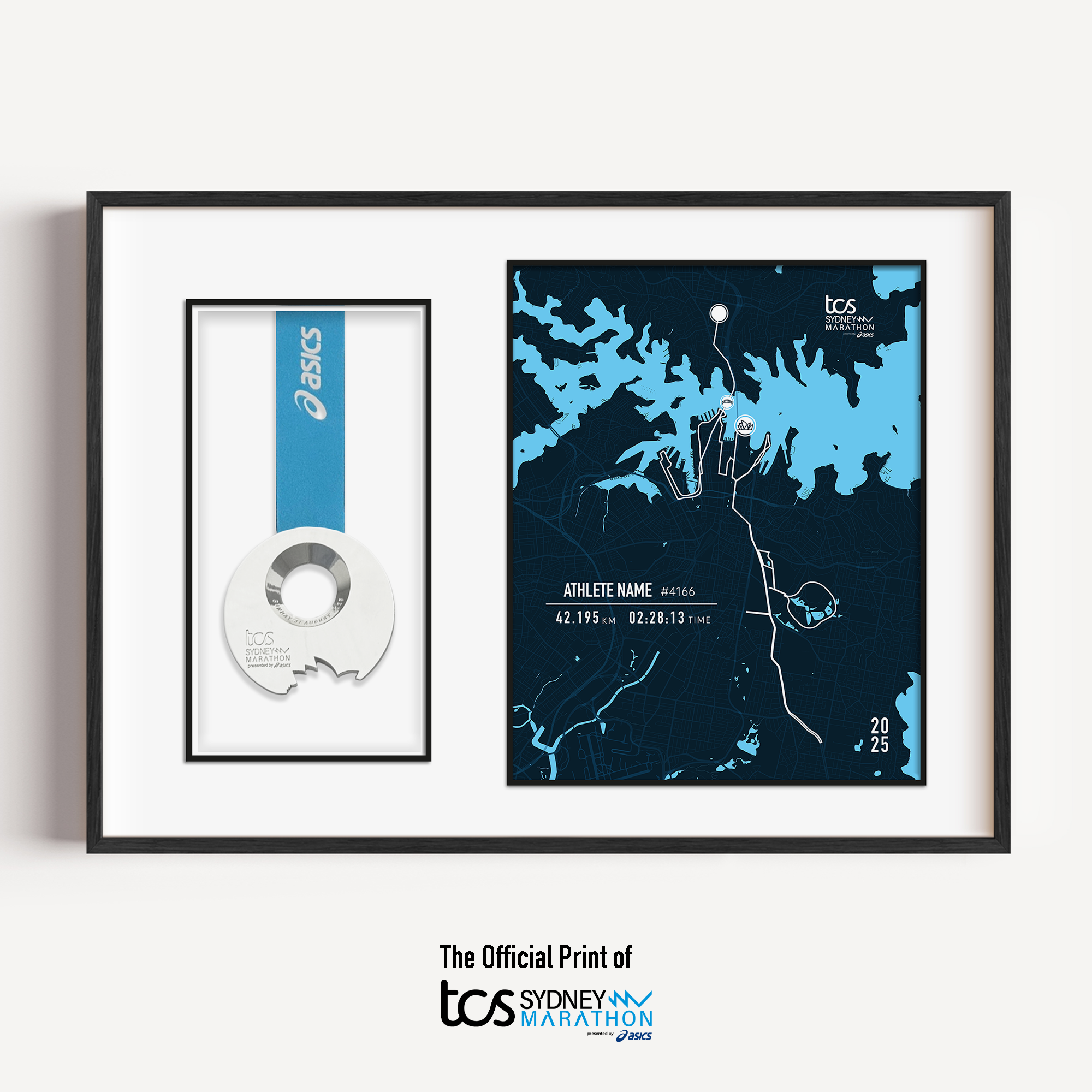 Framed Sydney Marathon display featuring the official marathon medal mounted alongside a custom-printed route map of the 42.195 km course through Sydney. The print includes the runner's name, finish time, bib number, race date, and personalized statistics. Clean, modern black frame with white matting enhances the commemorative design.