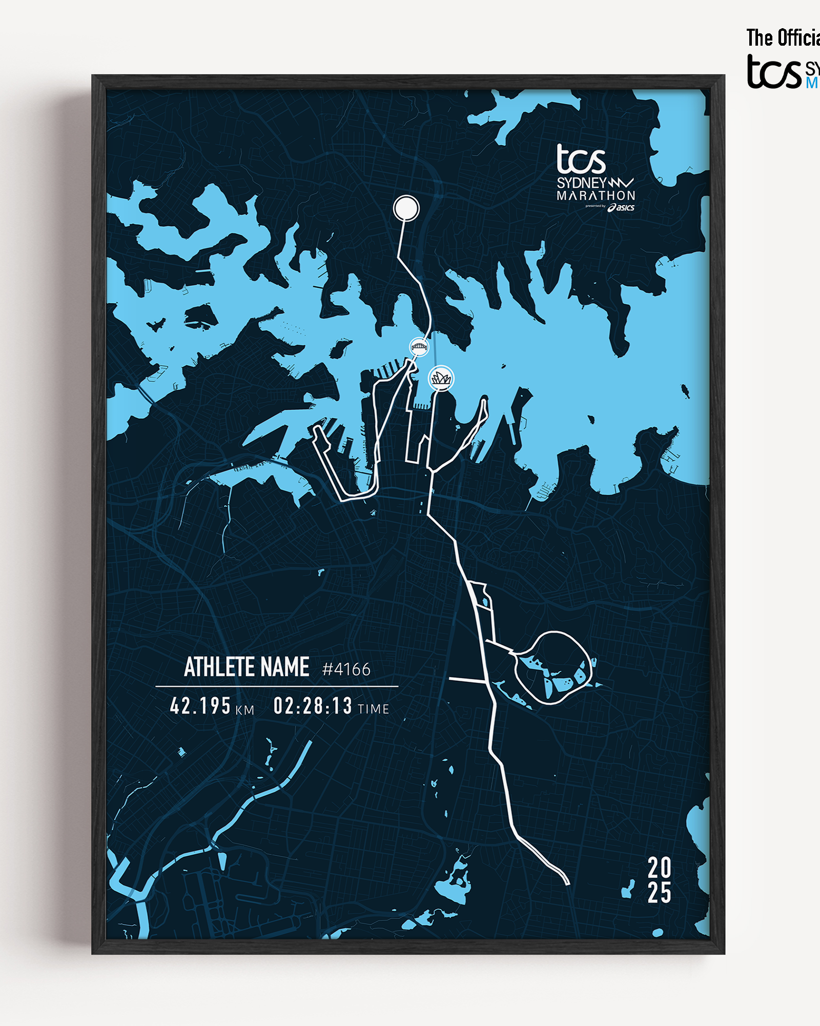 A framed custom print of the 2025 TCS Sydney Marathon. The print features a stylized dark blue race map with light blue water outlining the iconic Sydney Harbour. The marathon route is marked in white. Below the map, personalised details are shown including the athlete's name, race number, distance, finish time , and date. The official TCS Sydney Marathon logo appears at the side of the frame.
