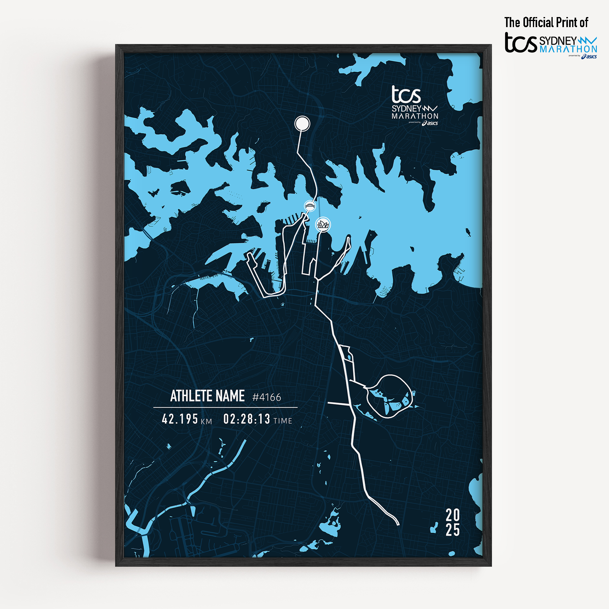 A framed custom print of the 2025 TCS Sydney Marathon. The print features a stylized dark blue race map with light blue water outlining the iconic Sydney Harbour. The marathon route is marked in white. Below the map, personalised details are shown including the athlete's name, race number, distance, finish time , and date. The official TCS Sydney Marathon logo appears at the side of the frame.