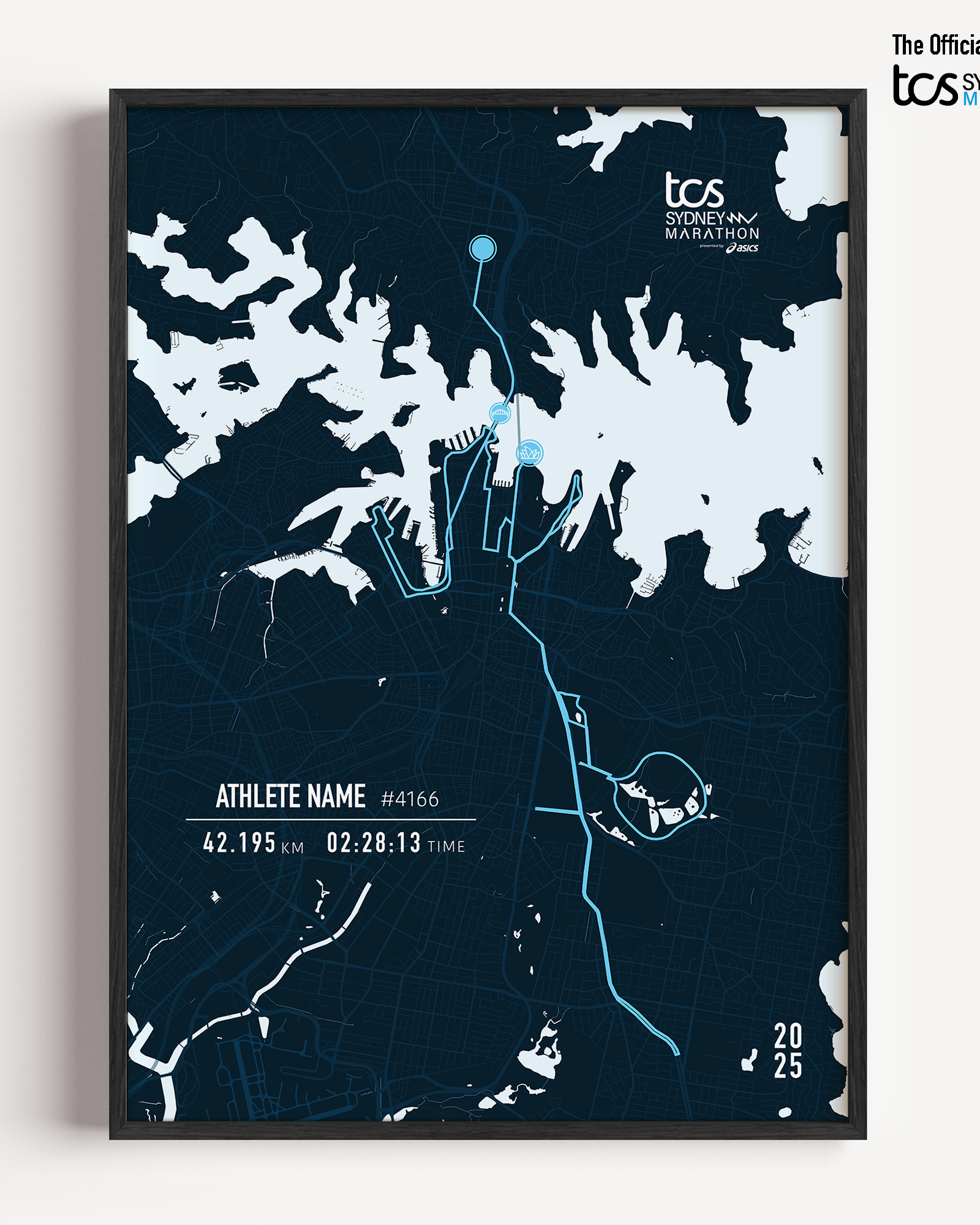 A framed custom print of the 2025 TCS Sydney Marathon. The print features a stylized dark blue race map with light blue water outlining the iconic Sydney Harbour. The marathon route is marked in white. Below the map, personalised details are shown including the athlete's name, race number, distance, finish time , and date. The official TCS Sydney Marathon logo appears at the side of the frame.