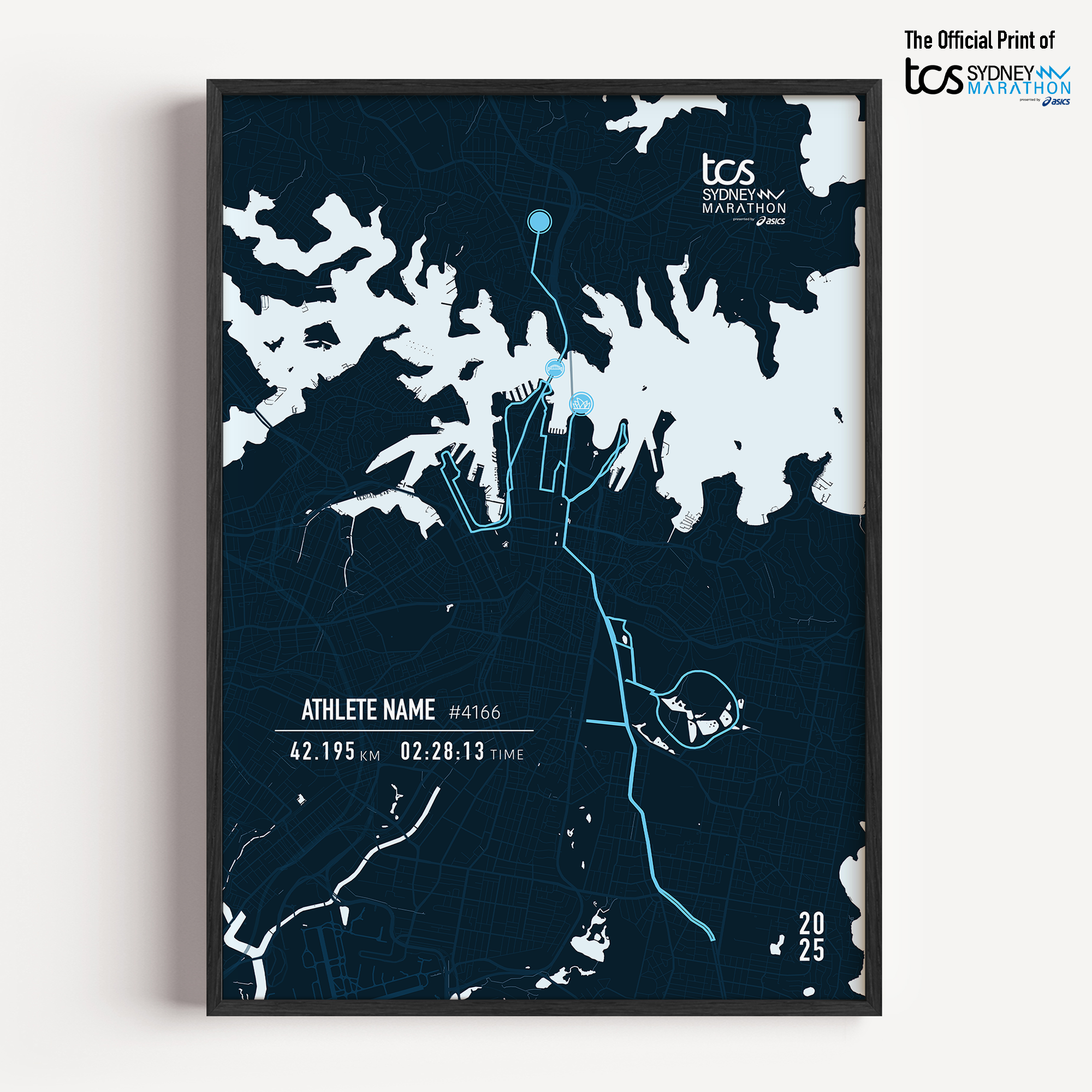 A framed custom print of the 2025 TCS Sydney Marathon. The print features a stylized dark blue race map with light blue water outlining the iconic Sydney Harbour. The marathon route is marked in white. Below the map, personalised details are shown including the athlete's name, race number, distance, finish time , and date. The official TCS Sydney Marathon logo appears at the side of the frame.