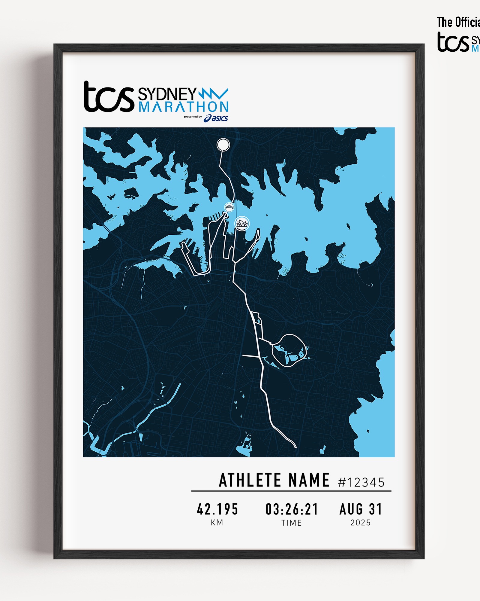 A framed custom print of the 2025 TCS Sydney Marathon. The print features a stylized dark blue race map with light blue water outlining the iconic Sydney Harbour. The marathon route is marked in white. Below the map, personalised details are shown including the athlete's name, race number, distance, finish time , and date. The official TCS Sydney Marathon logo appears at the side of the frame.